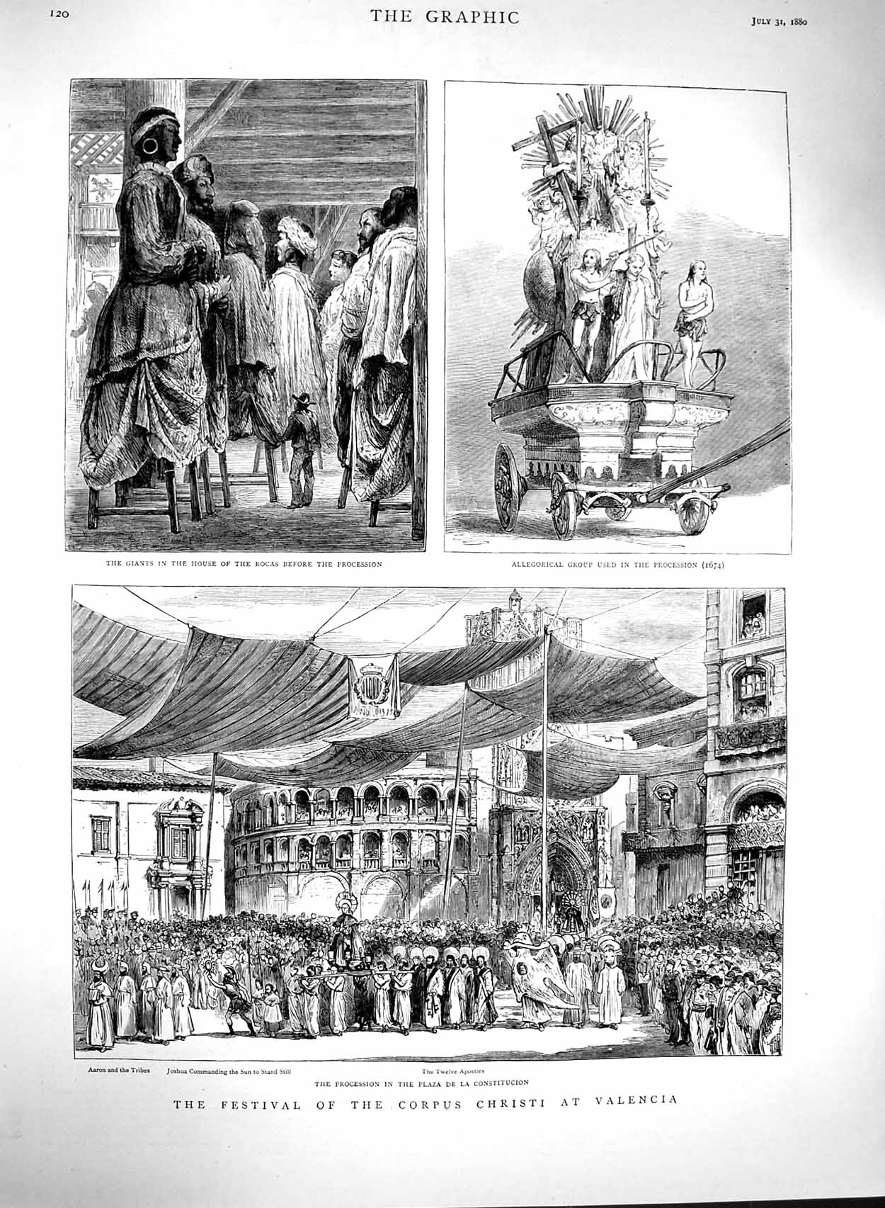 Original Old Antique Print 1880 Festival Corpus Christi Valencia Apostles Aaron