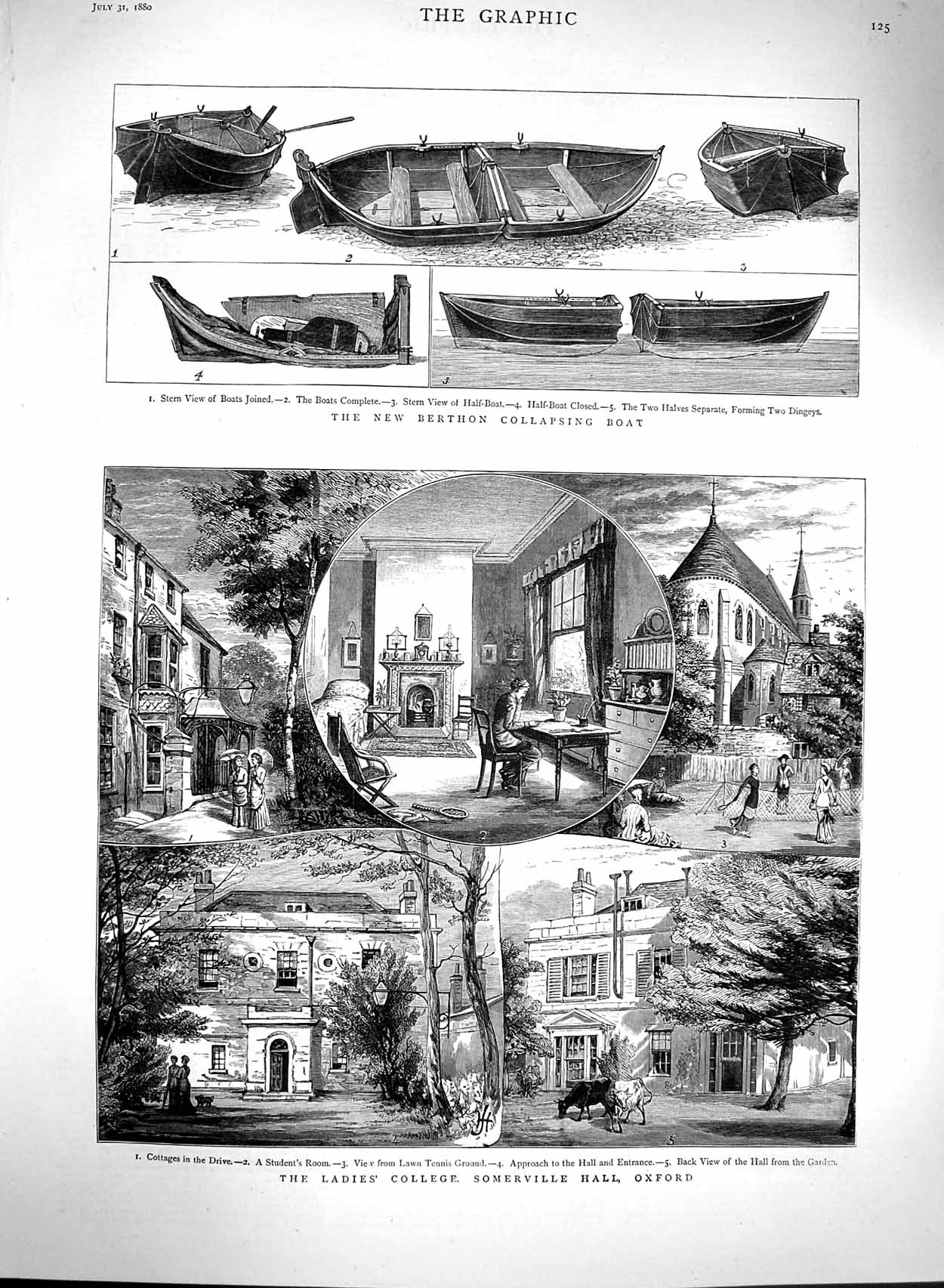 Original Old Antique Print 1880 Ladies College Somerville Hall Oxford Berth 19th