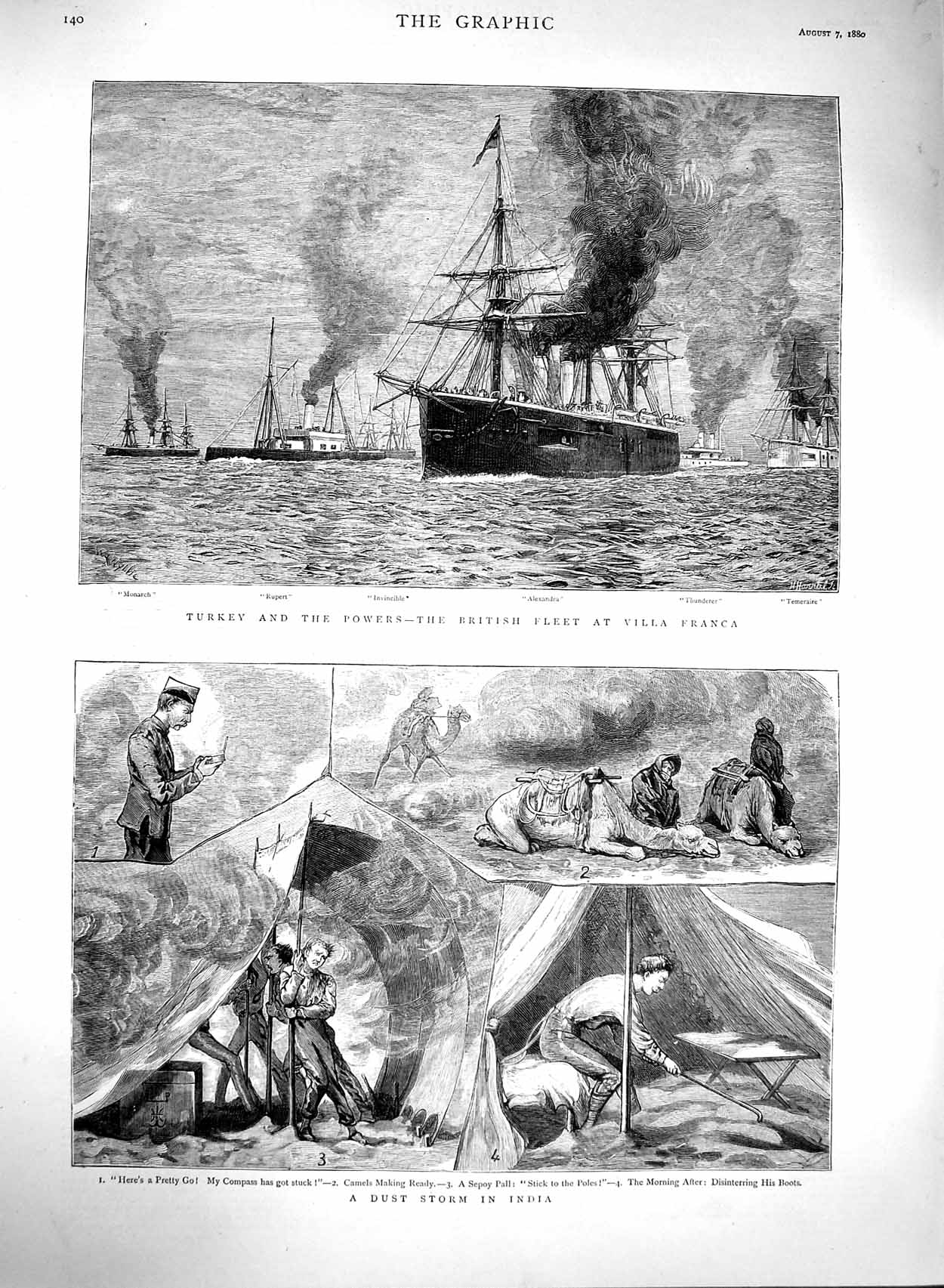 Old Antique Print 1880 Dust Storm India British Ships Villa Franca Rupert 19th