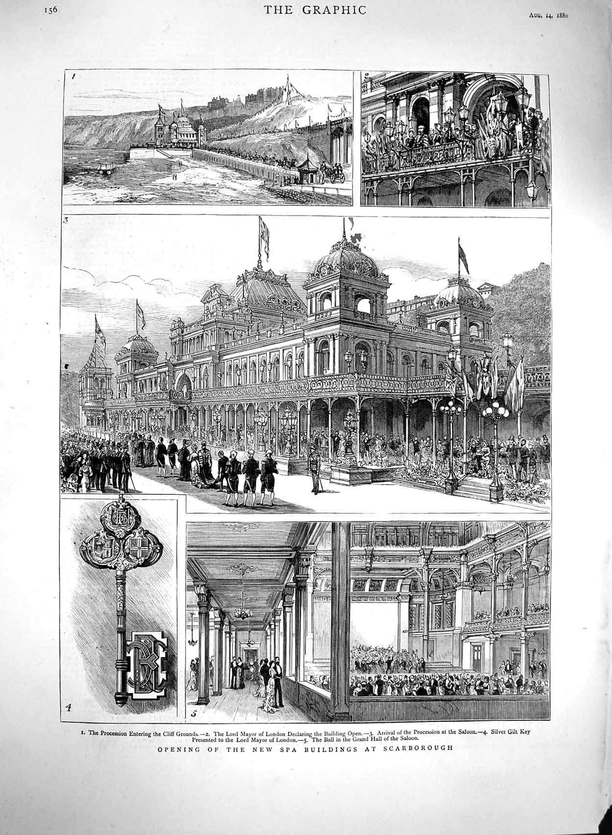 Old Antique Print 1880 Spa Buildings Scarborough Lord Mayor Gilt Key Hall 19th