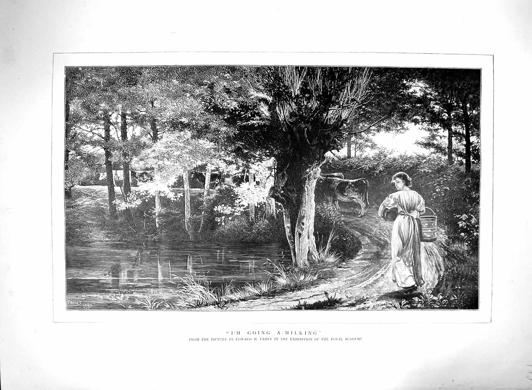 Old Antique Print 1880 Edward Fahey Fine Art Milk Maid Girl Cows Country 19th