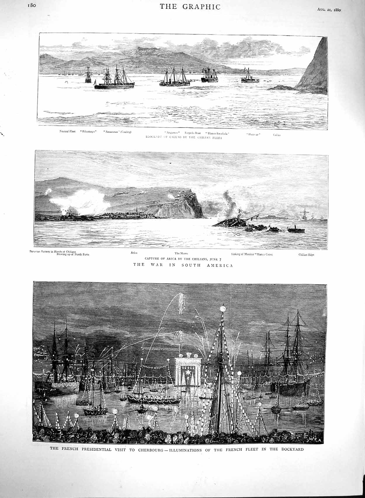 Original Old Antique Print 1880 War South America Arica Ships Cherbourg D 19th