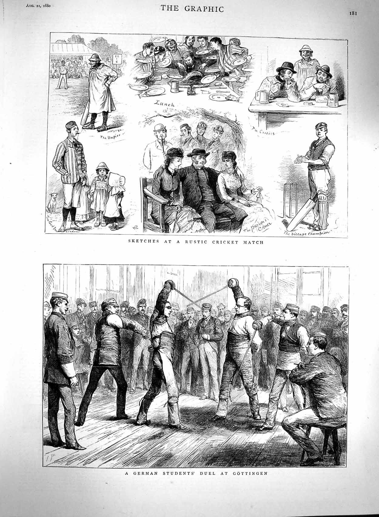 Original Old Antique Print 1880 German Student Duel Gottingen Cricket Matc 19th