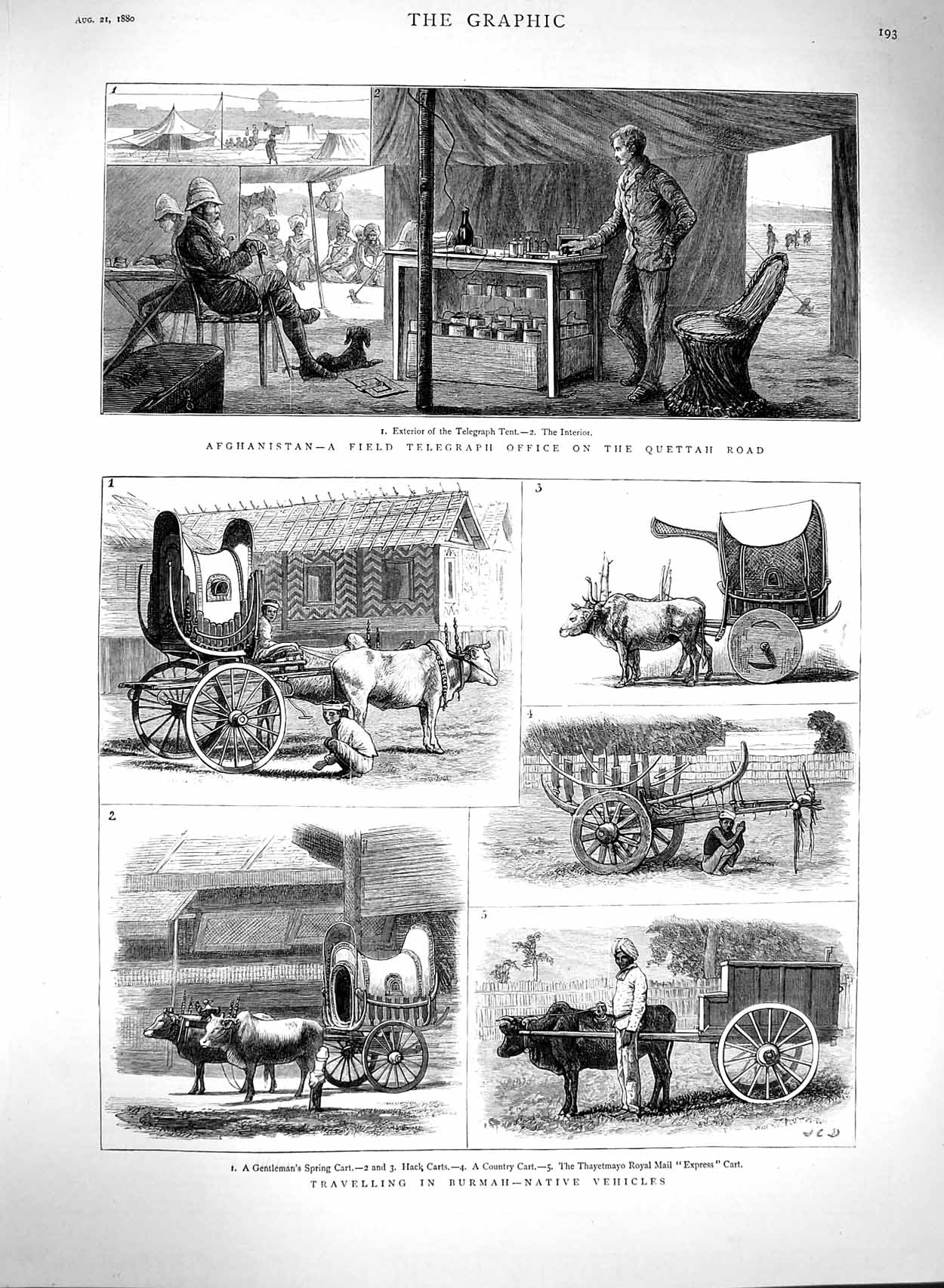 Original Old Antique Print 1880 Afghanistan War Quettah Native Vehicles Burmah