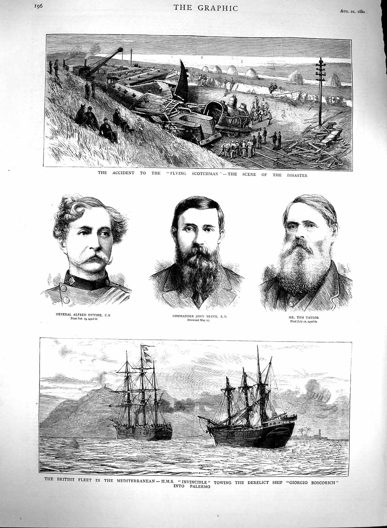 Old Antique Print 1880 Flying Scotsman Train Crash Ship Invicible Palermo 19th