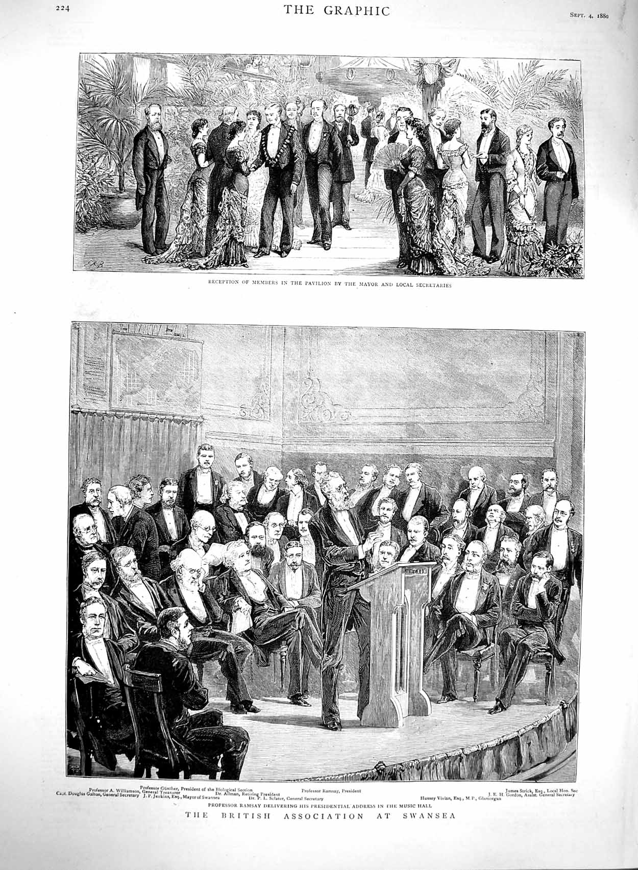 Original Old Antique Print 1880 British Association Swansea Music Hall Victorian