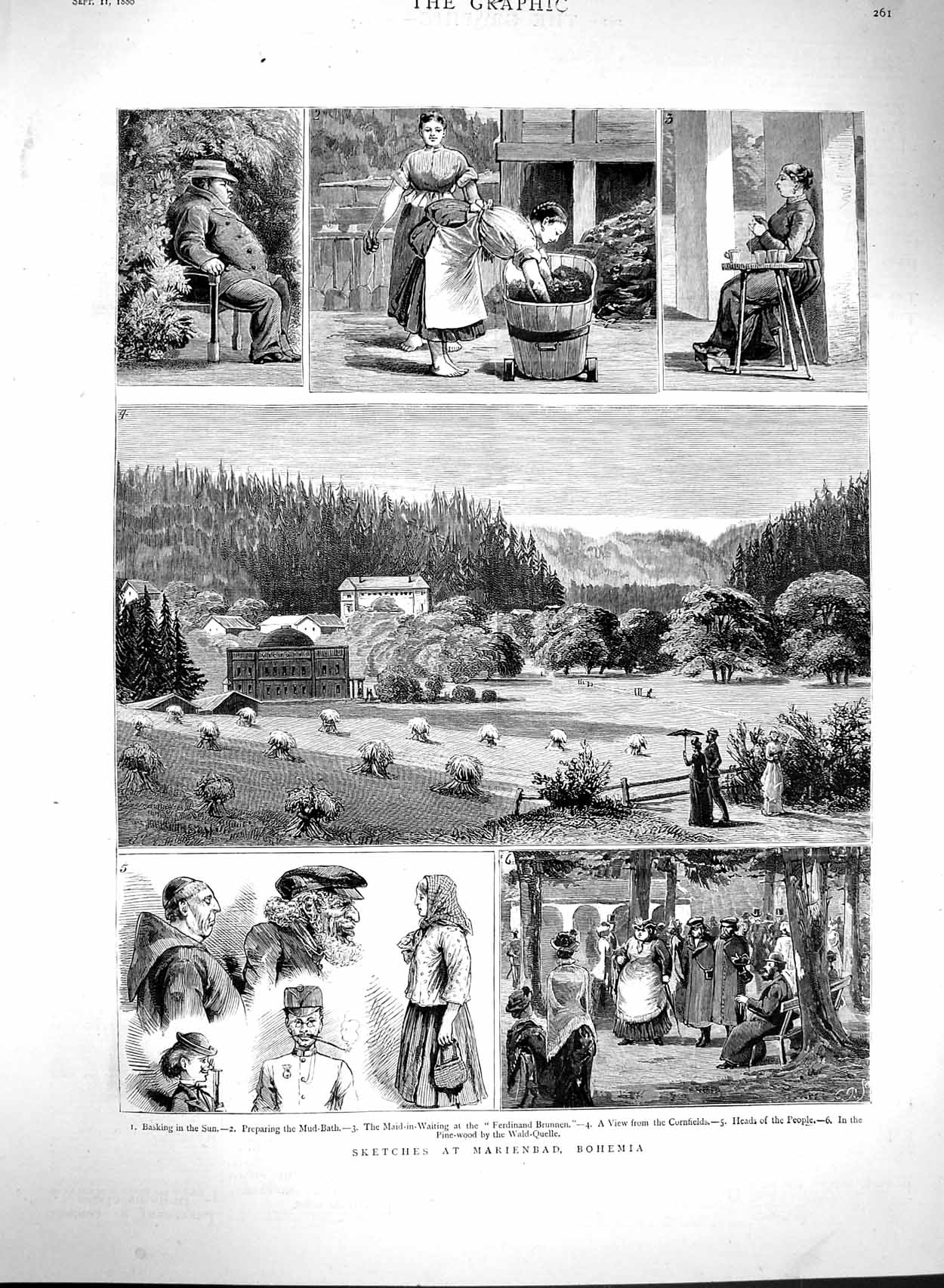 Original Old Antique Print 1880 Marienbad Bohemia Mud-Bath Cornfields Pi 19th