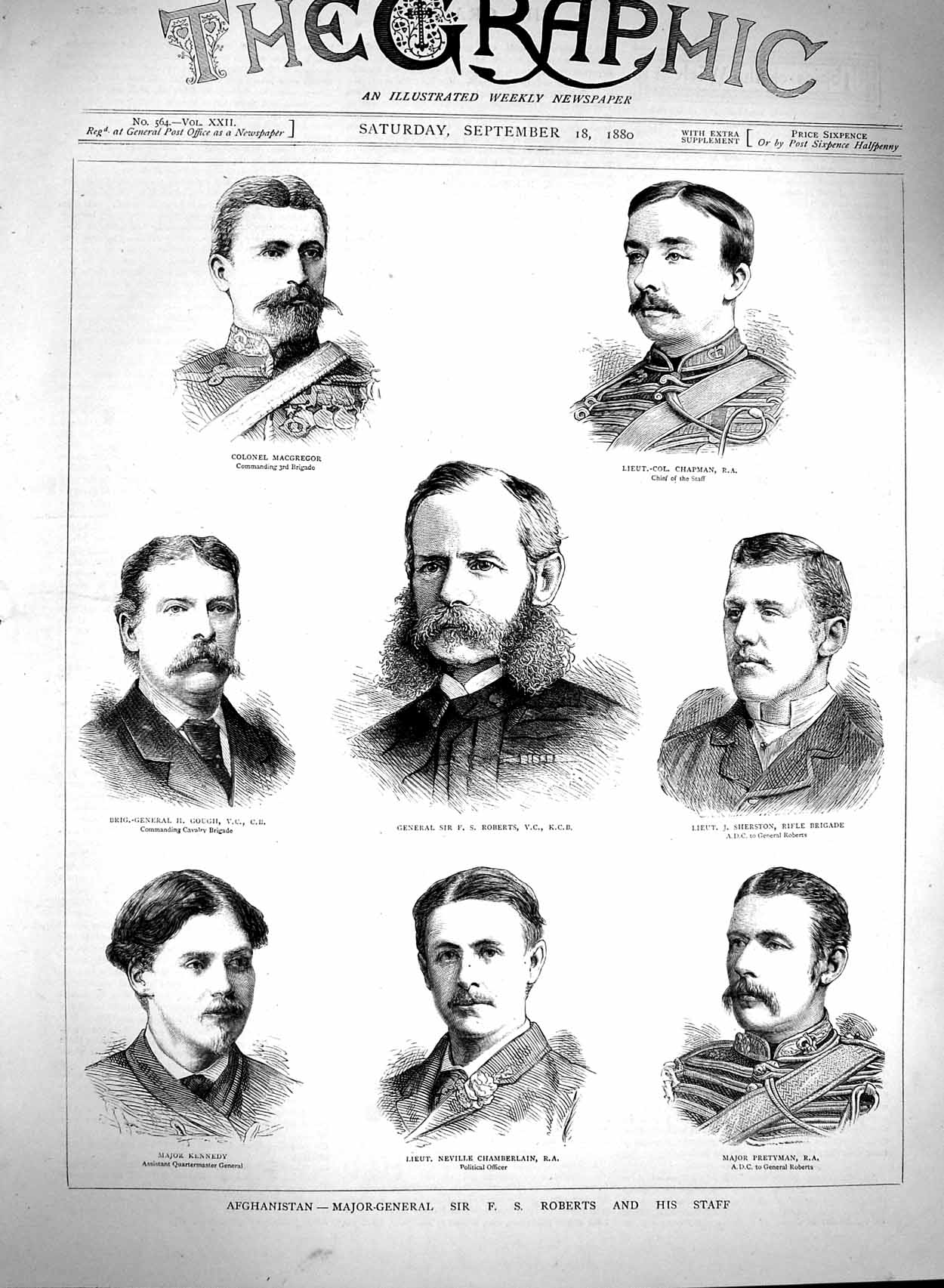 Old Antique Print 1880 Afghanistan Major-General Roberts Macgregor Gough 19th