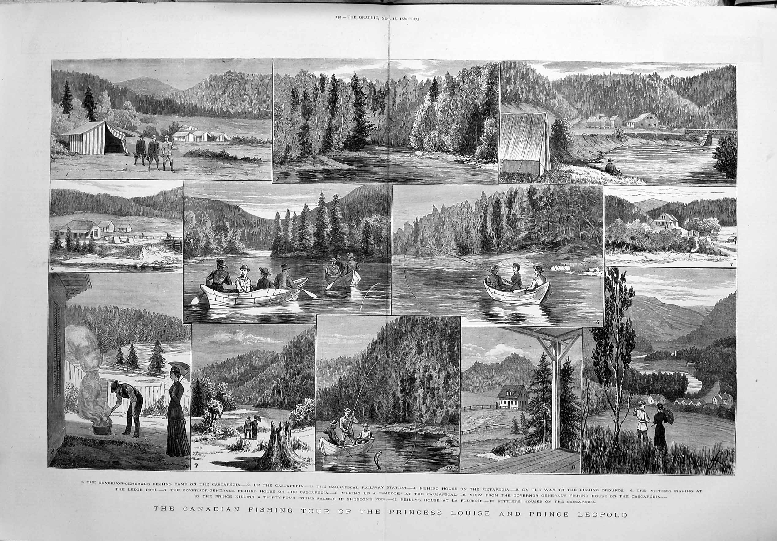 Original Old Antique Print 1880 Canada Fishing Princess Louise Prince Leop2 19th