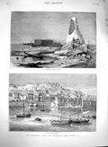 Original Old Antique Print 1880 View City Algiers Boats Pyramid Skulls Djerba