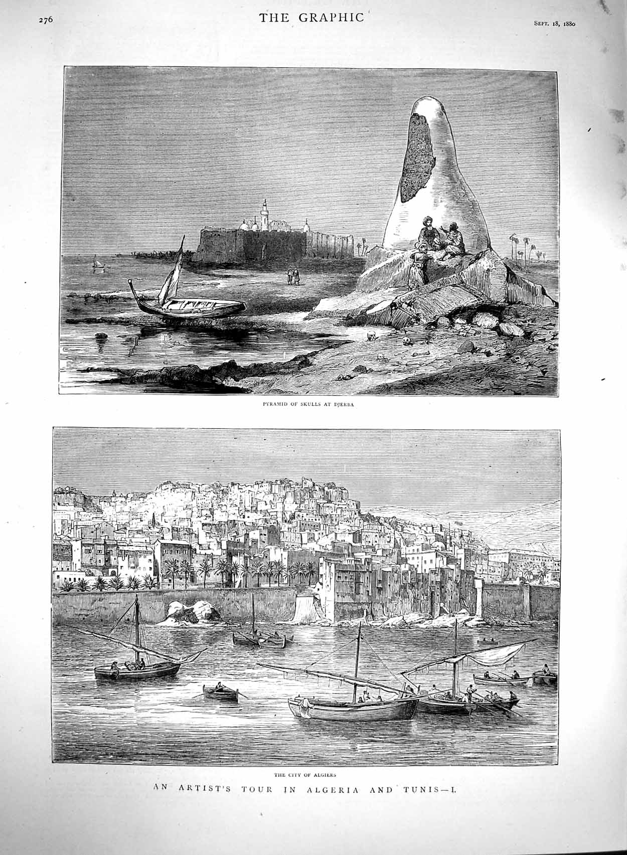 Original Old Antique Print 1880 View City Algiers Boats Pyramid Skulls Djerba