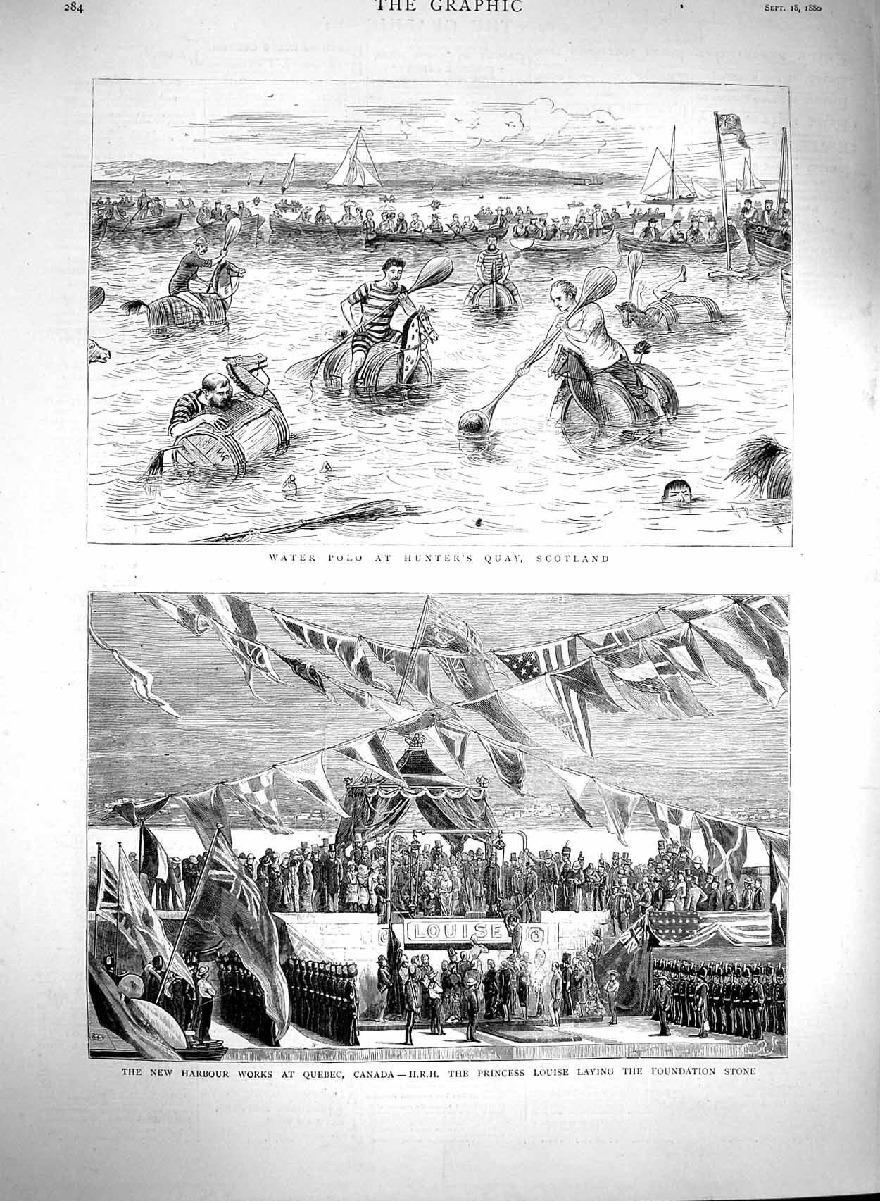 Original Old Antique Print 1880 Water Polo Hunter'S Scotland Quebec Canada 19th