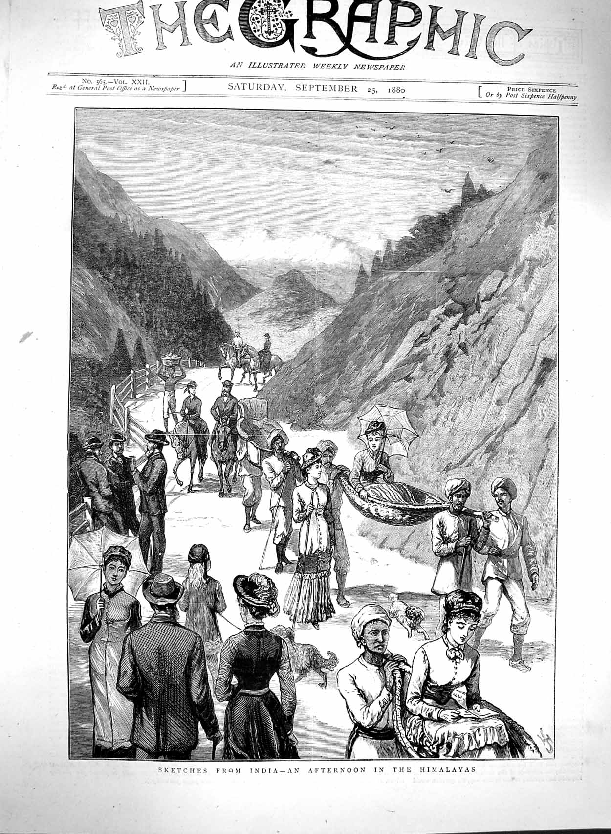 Original Old Antique Print 1880 India People Himalayas Mountains Afternoon 19th