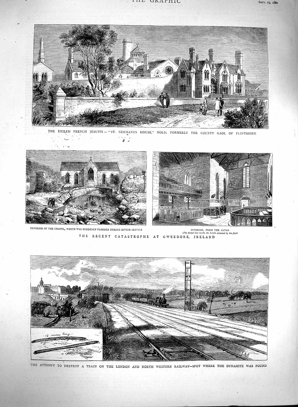Original Old Antique Print 1880 Gaol Flintshire Gweedore Ireland Railway London