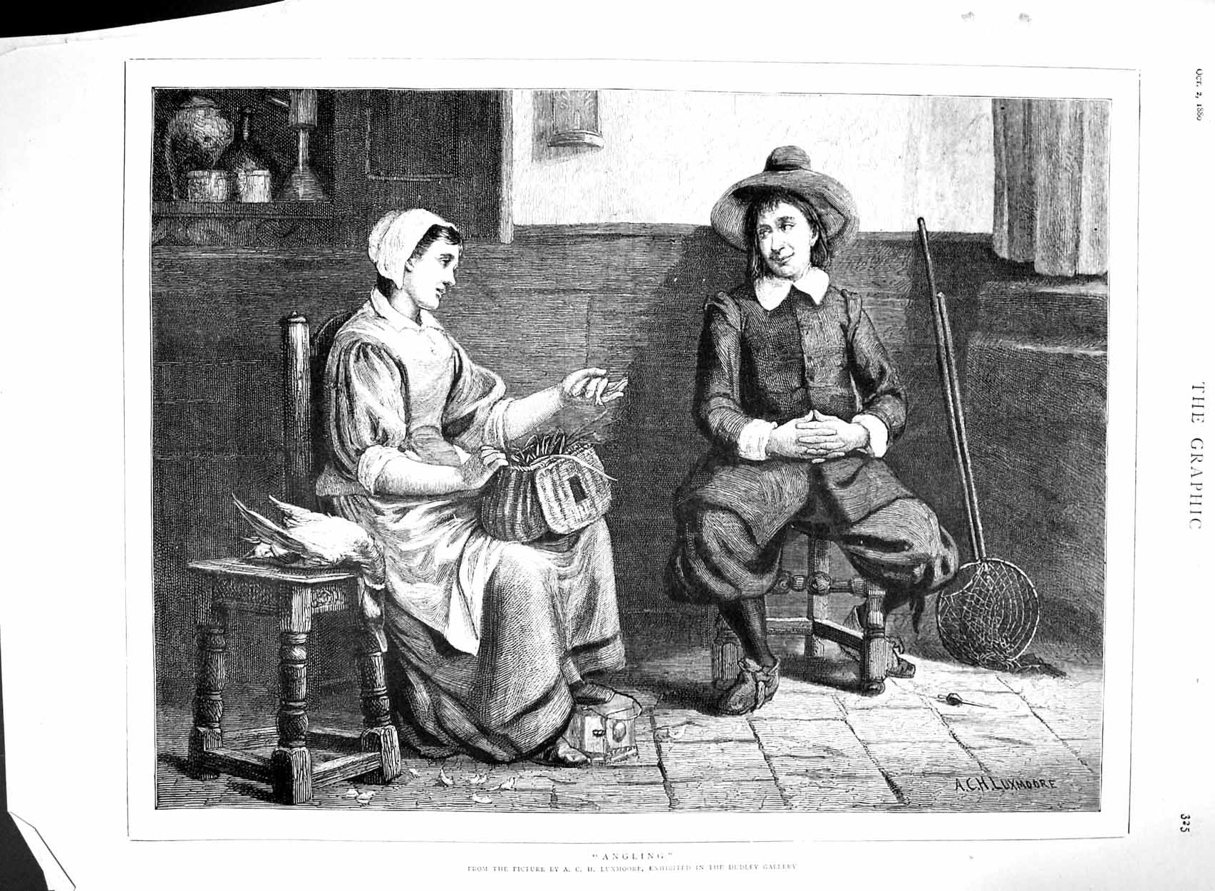 Original Old Antique Print 1880 Luxmoore Dudley Gallery Art Man Woman Romance