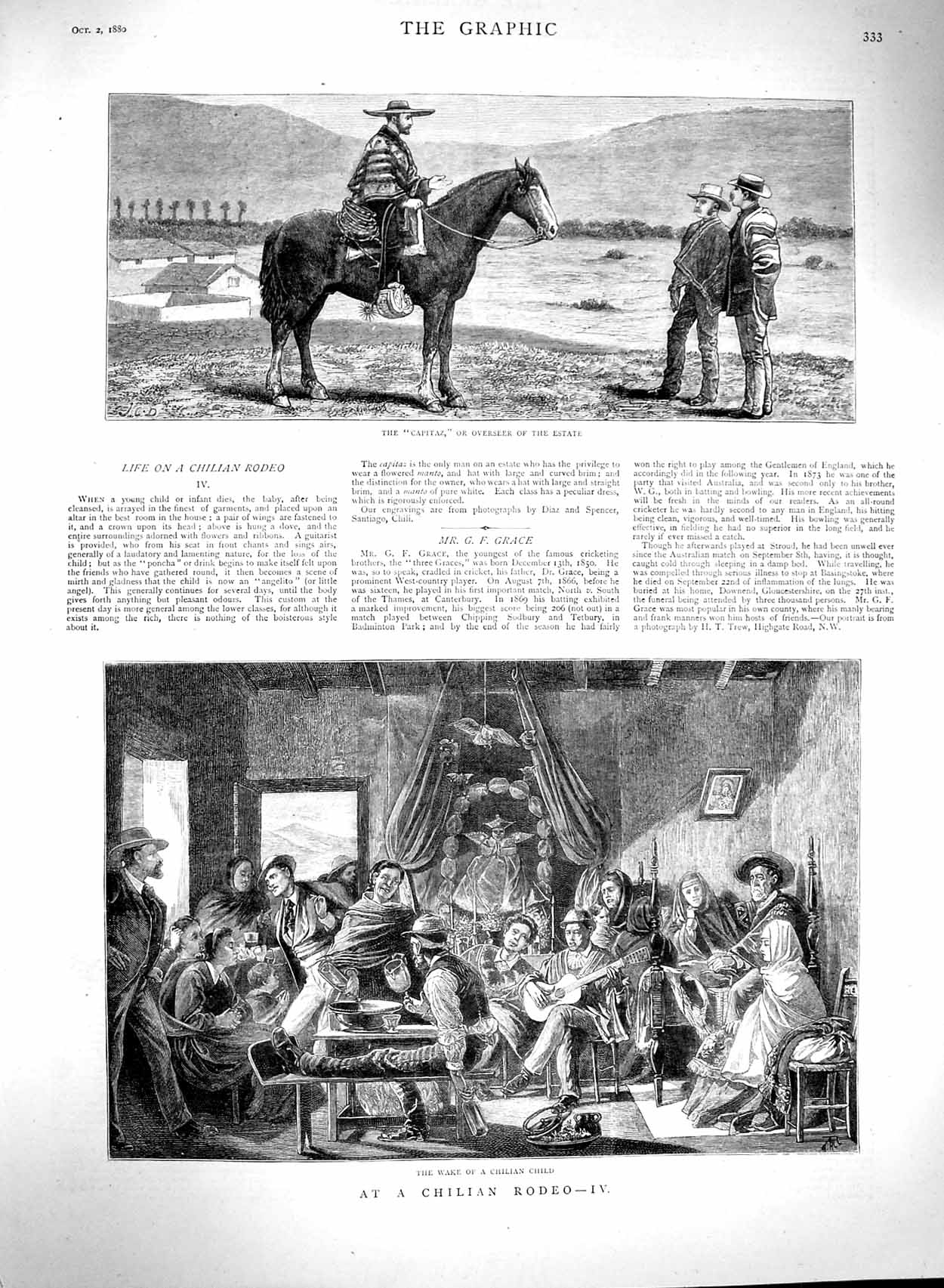Original Old Antique Print 1880 Chilian Rodeo Capitaz Man Horse Music Victorian