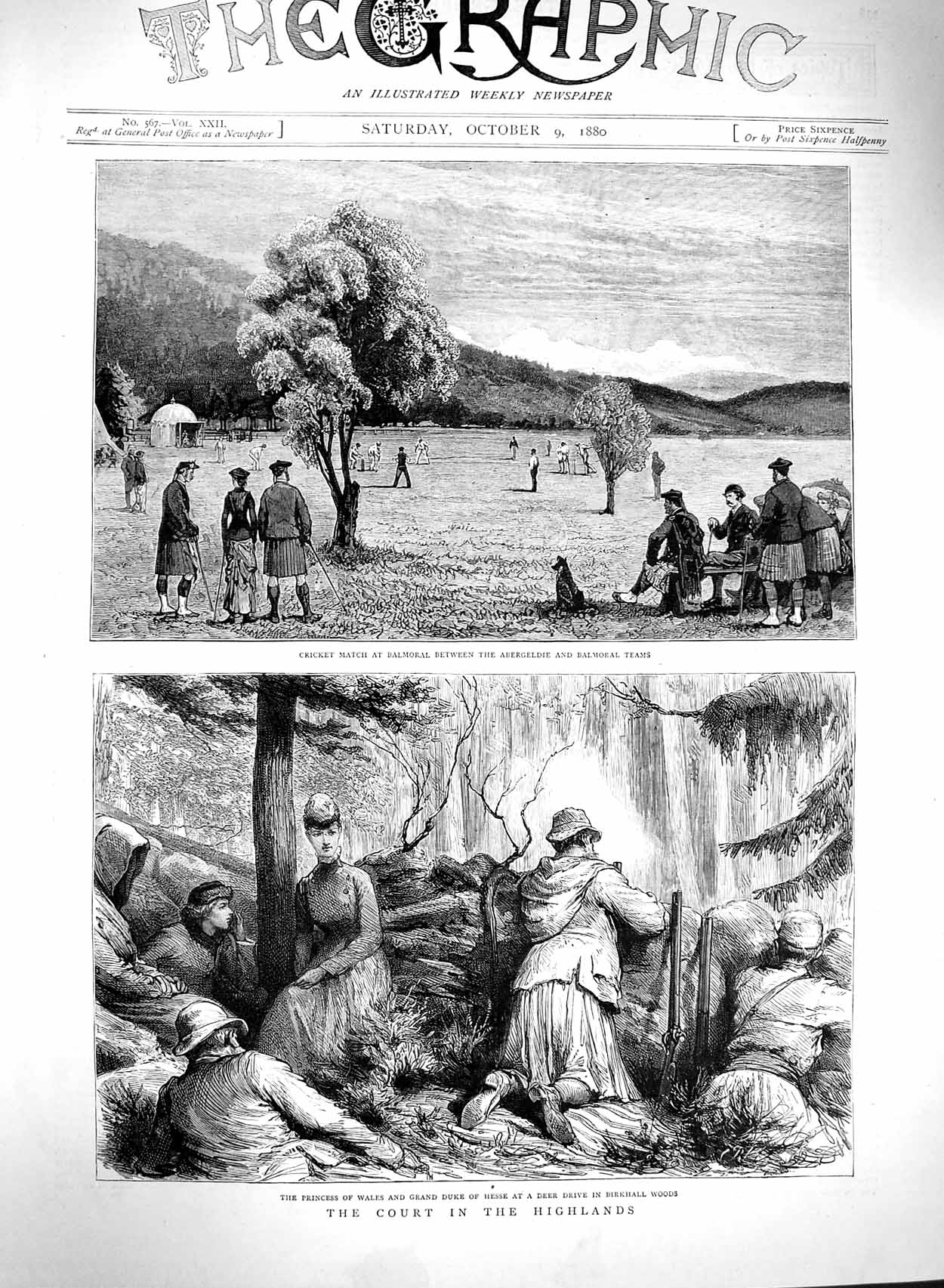Original Old Antique Print 1880 Scotland Cricket Balmoral Prince Wales De 19th