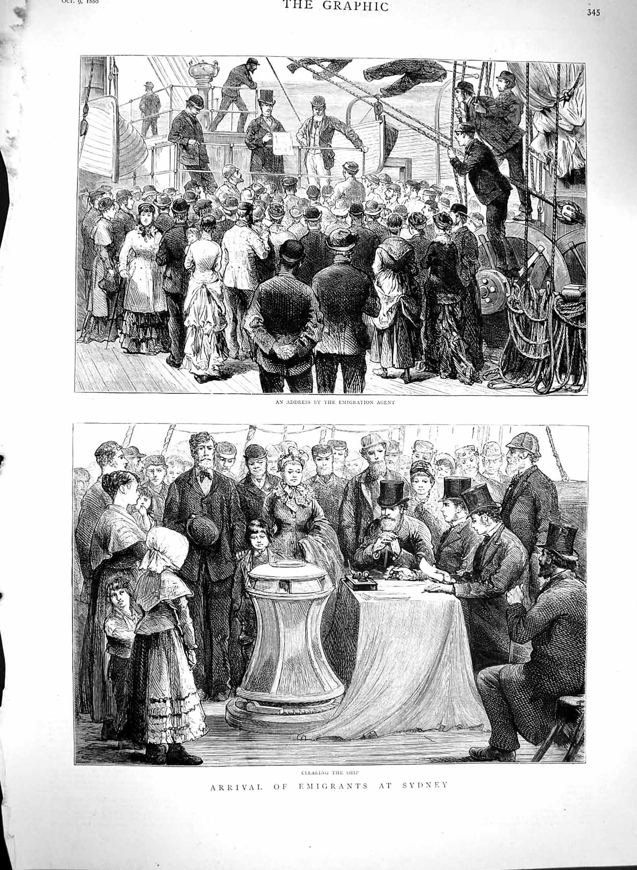 Old Antique Print 1880 Arrival Emigrants Ship Sydney Australia Emigration 19th