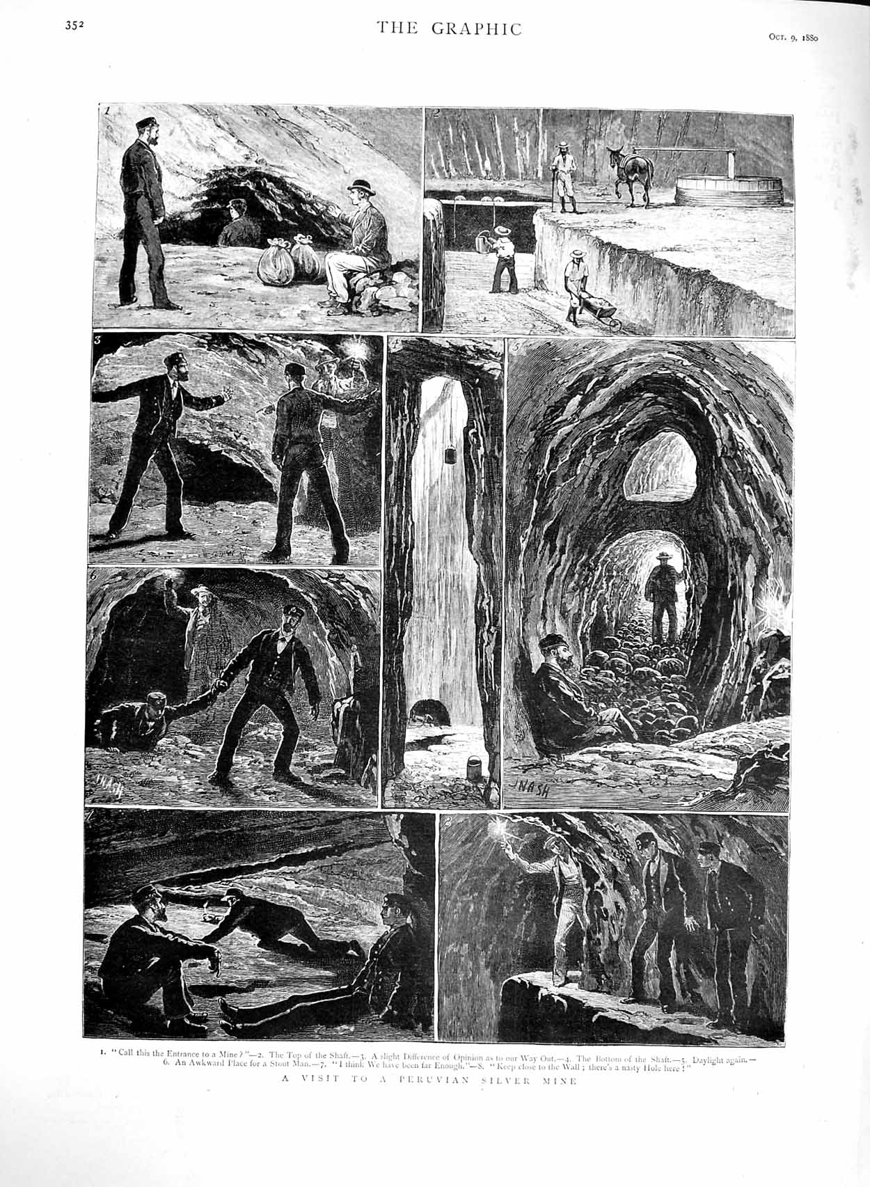Original Old Antique Print 1880 Peruvian Silver Mine Shaft Mining Men Indus 19th