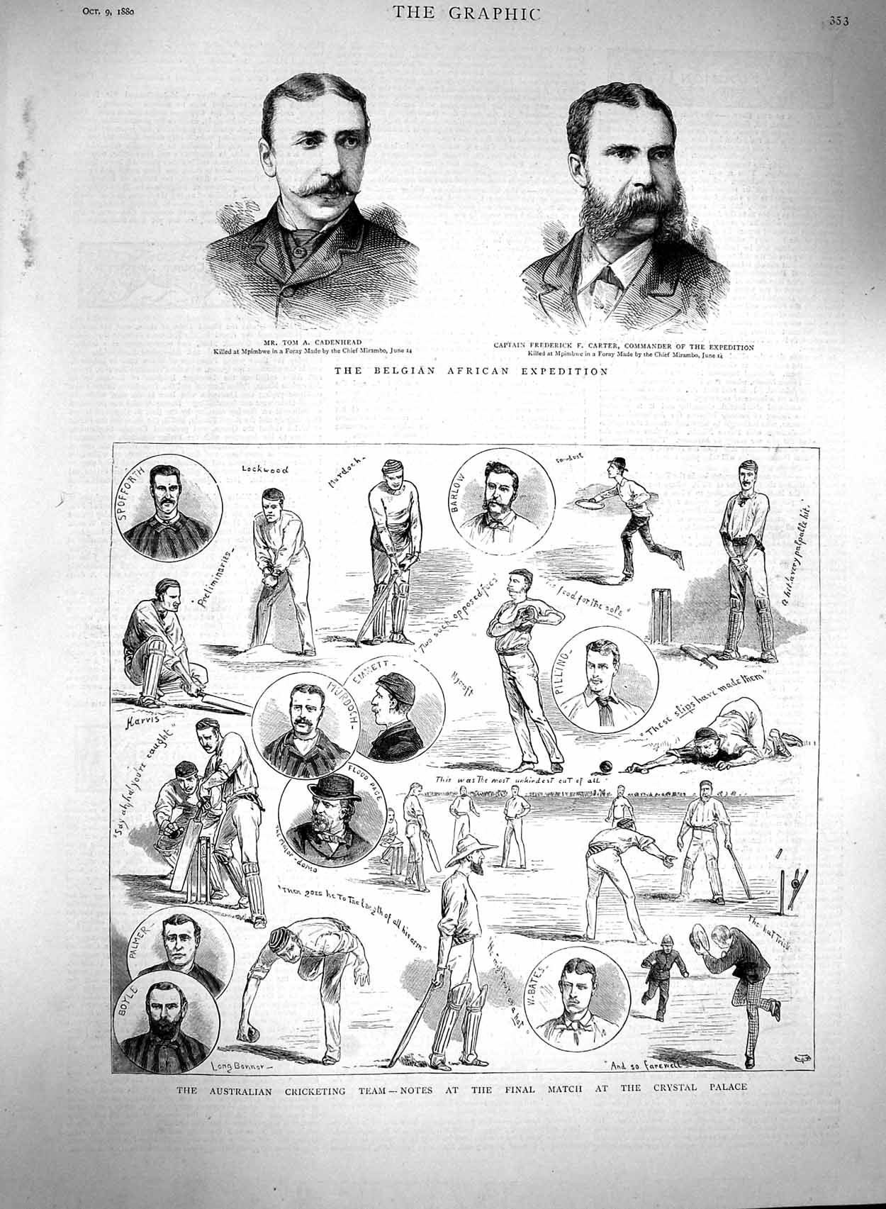 Old Antique Print 1880 Australia Cricket Sport Crystal Palace Cadenhead 19th
