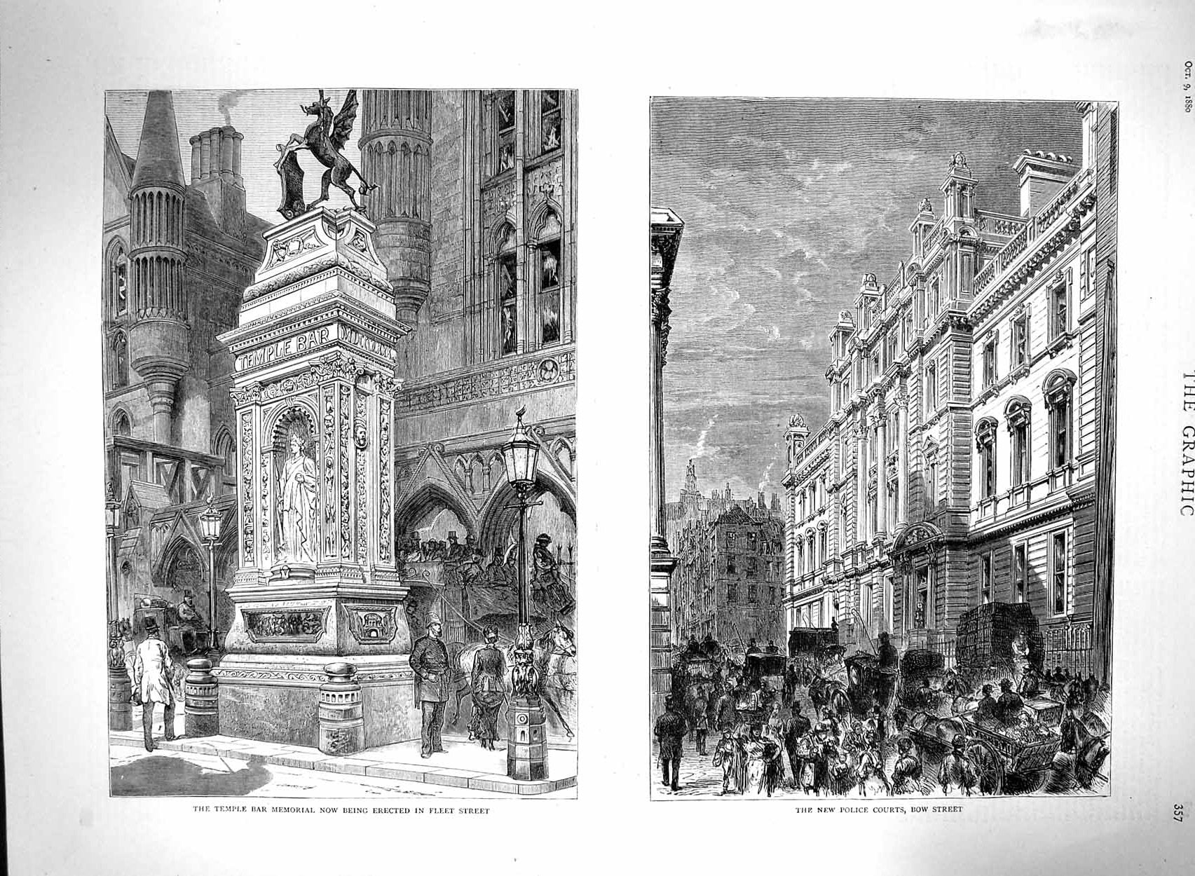 Original Old Antique Print 1880 Temple Bar Memorial Police Courts Bow London