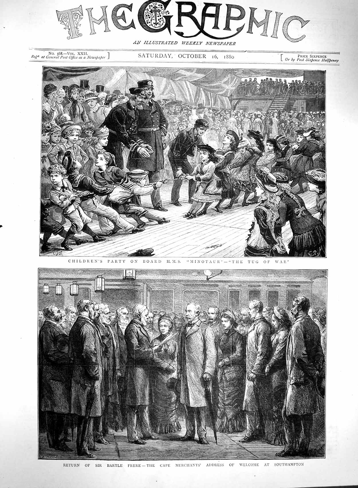 Original Old Antique Print 1880 Children Ship Minotaur Bartle Frere Southampton