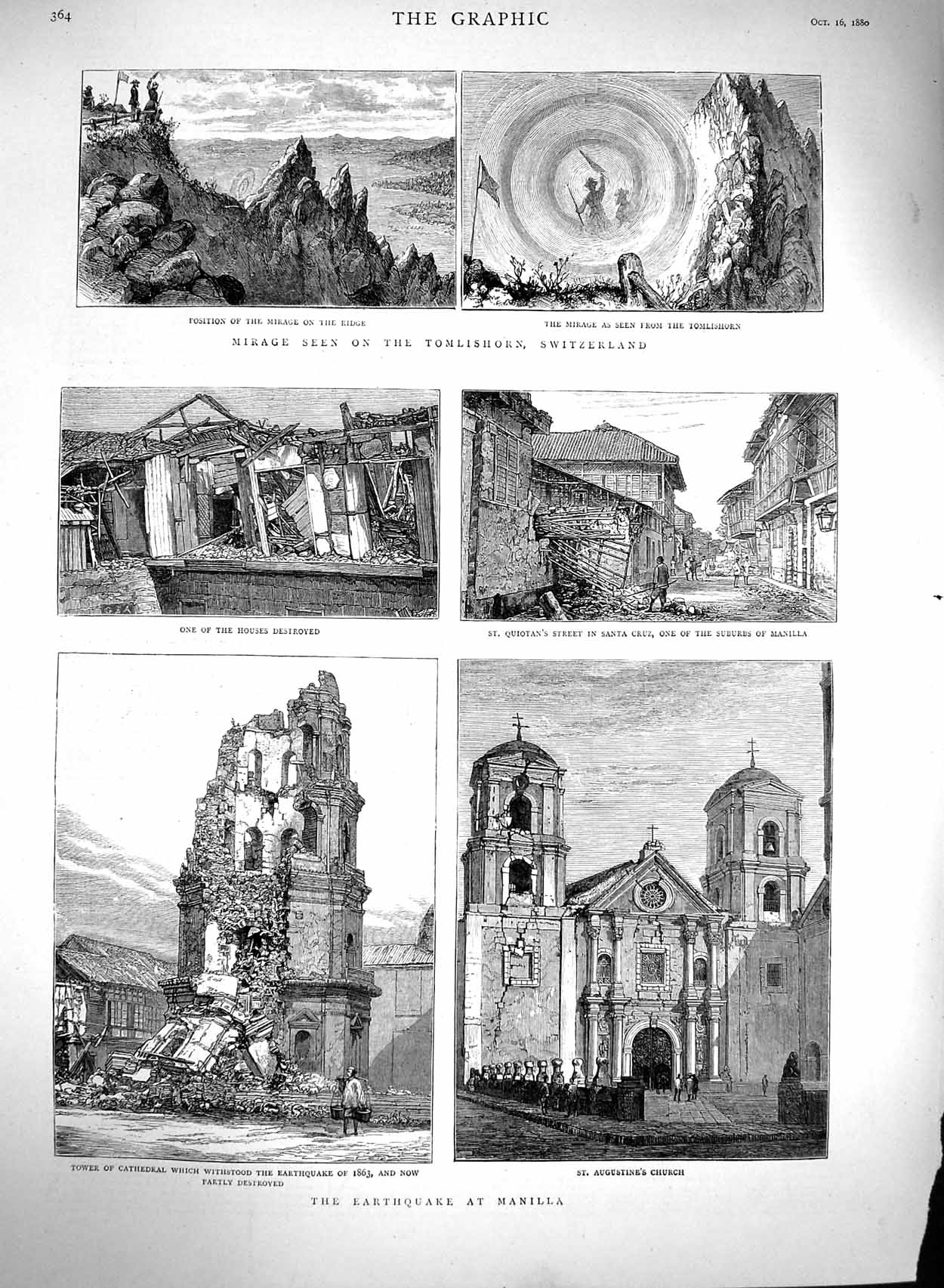 Original Old Antique Print 1880 Earthquake Manilla Church Switzerland Victorian