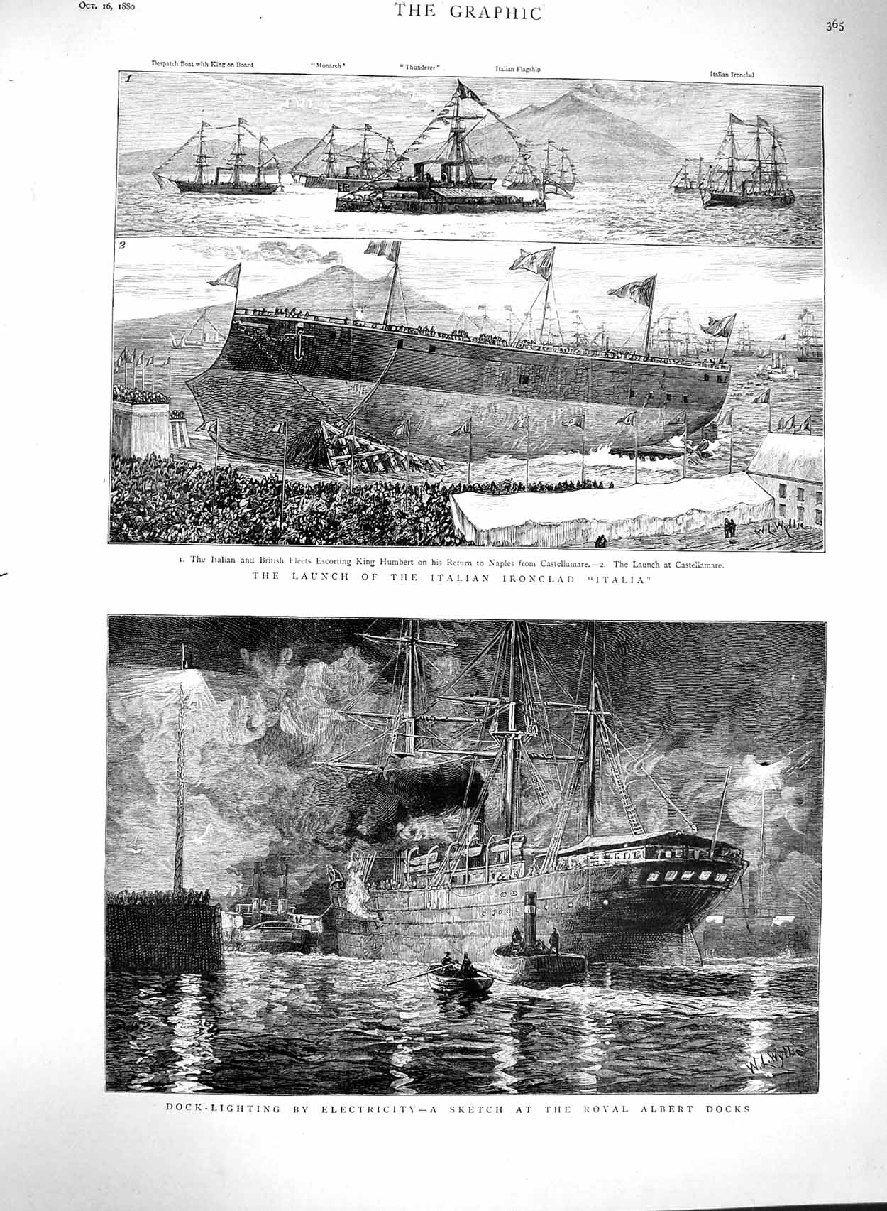 Original Old Antique Print 1880 Italian Ship Italia Humbert Royal Alber 19th