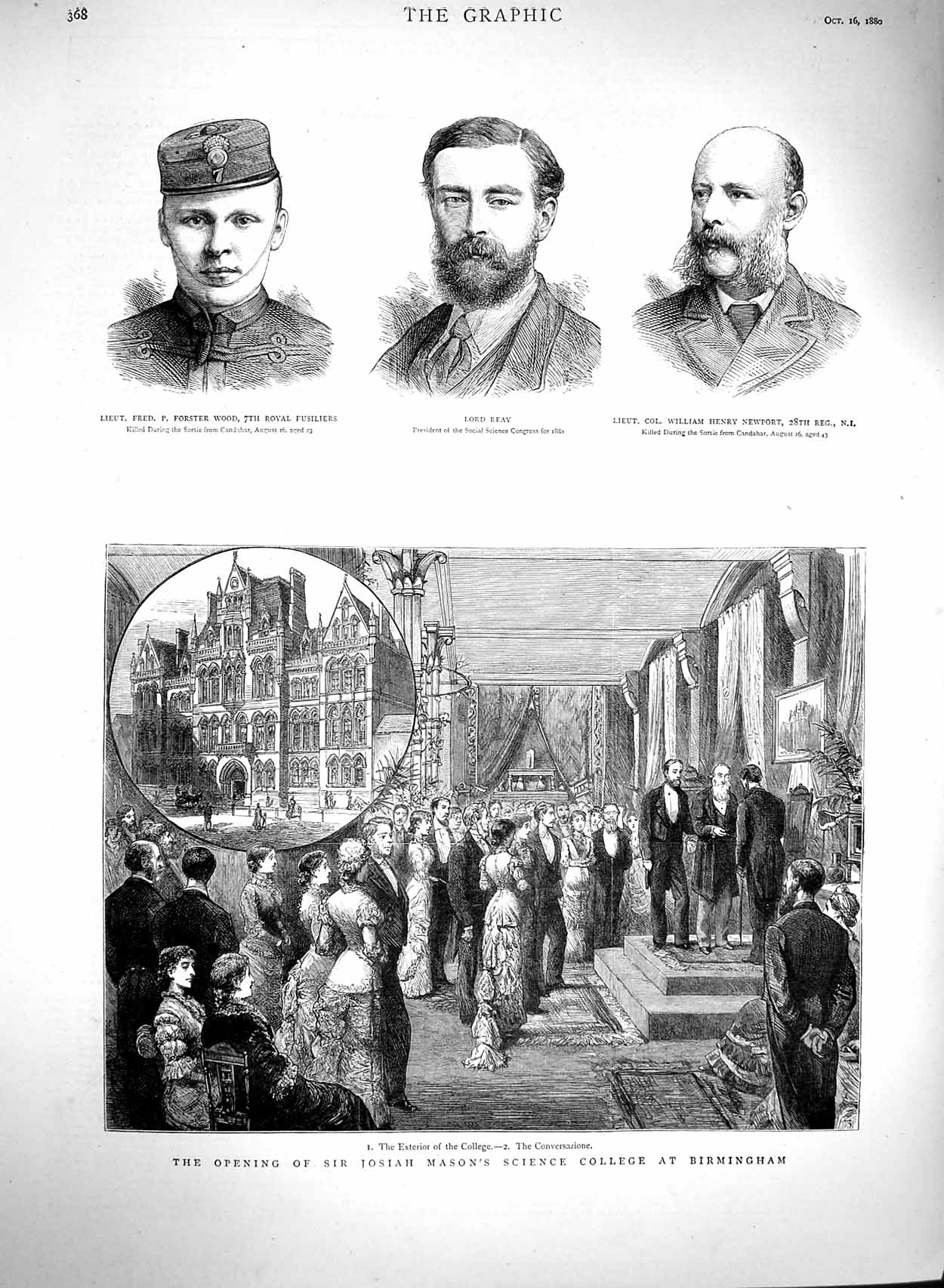 Old Antique Print 1880 Josiah Mason College Birmingham Wood Reay Newport 19th