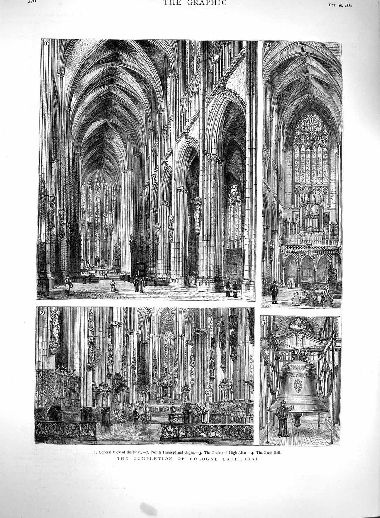 Original Old Antique Print 1880 Cologne Cathedral Architecture Transept Organ
