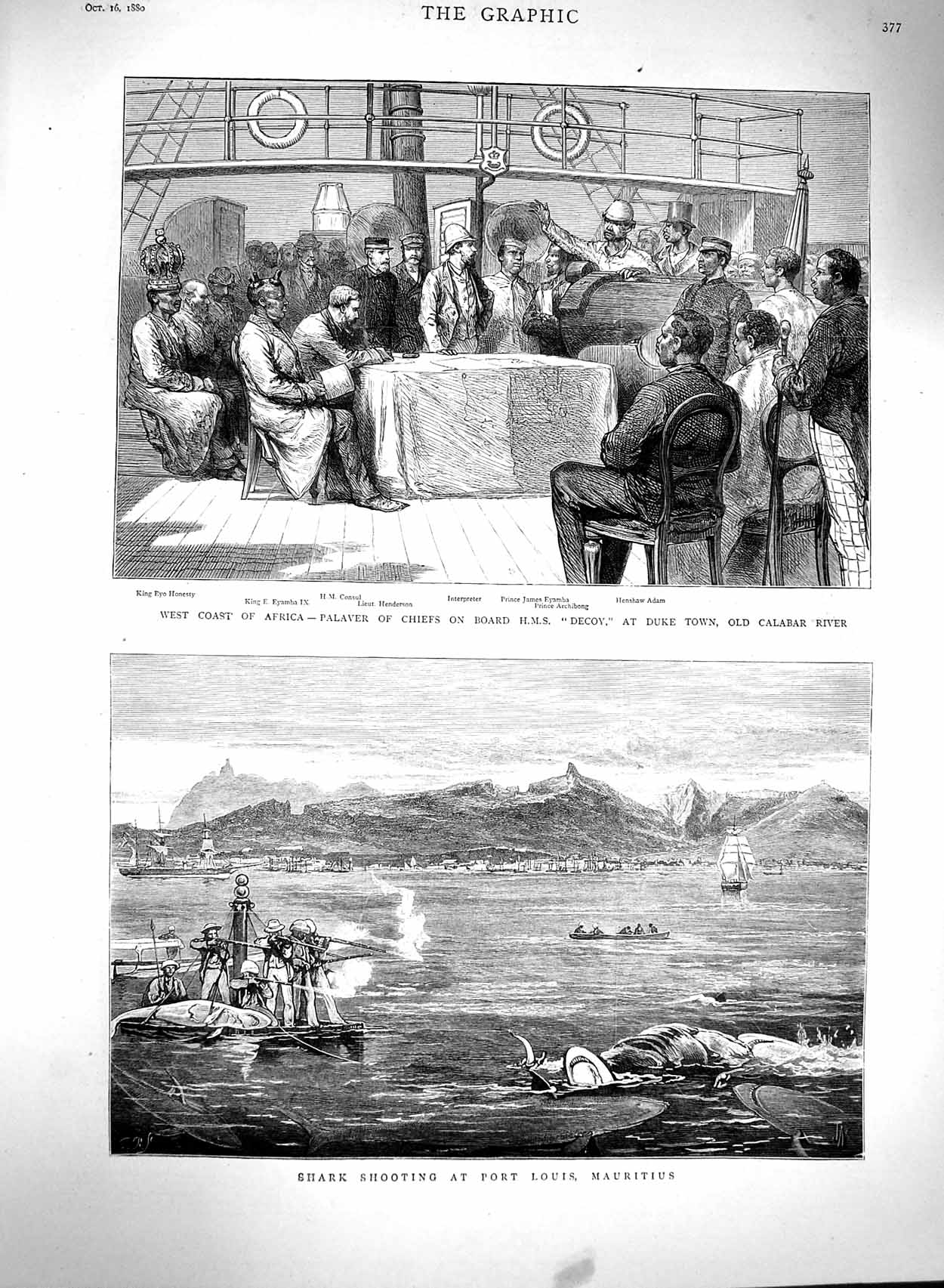Old Antique Print 1880 Africa Ship Decoy Shark Shooting Louis Mauritius 19th