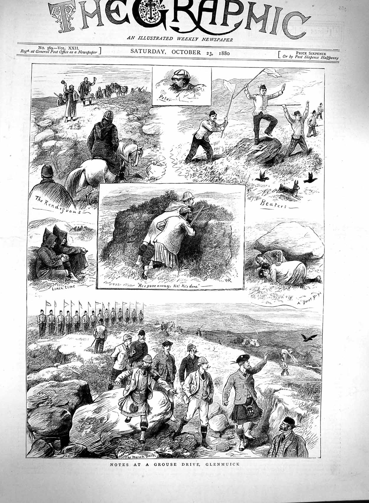 Original Old Antique Print 1880 Grouse Drive Glenmuick Hunting Scotland 19th
