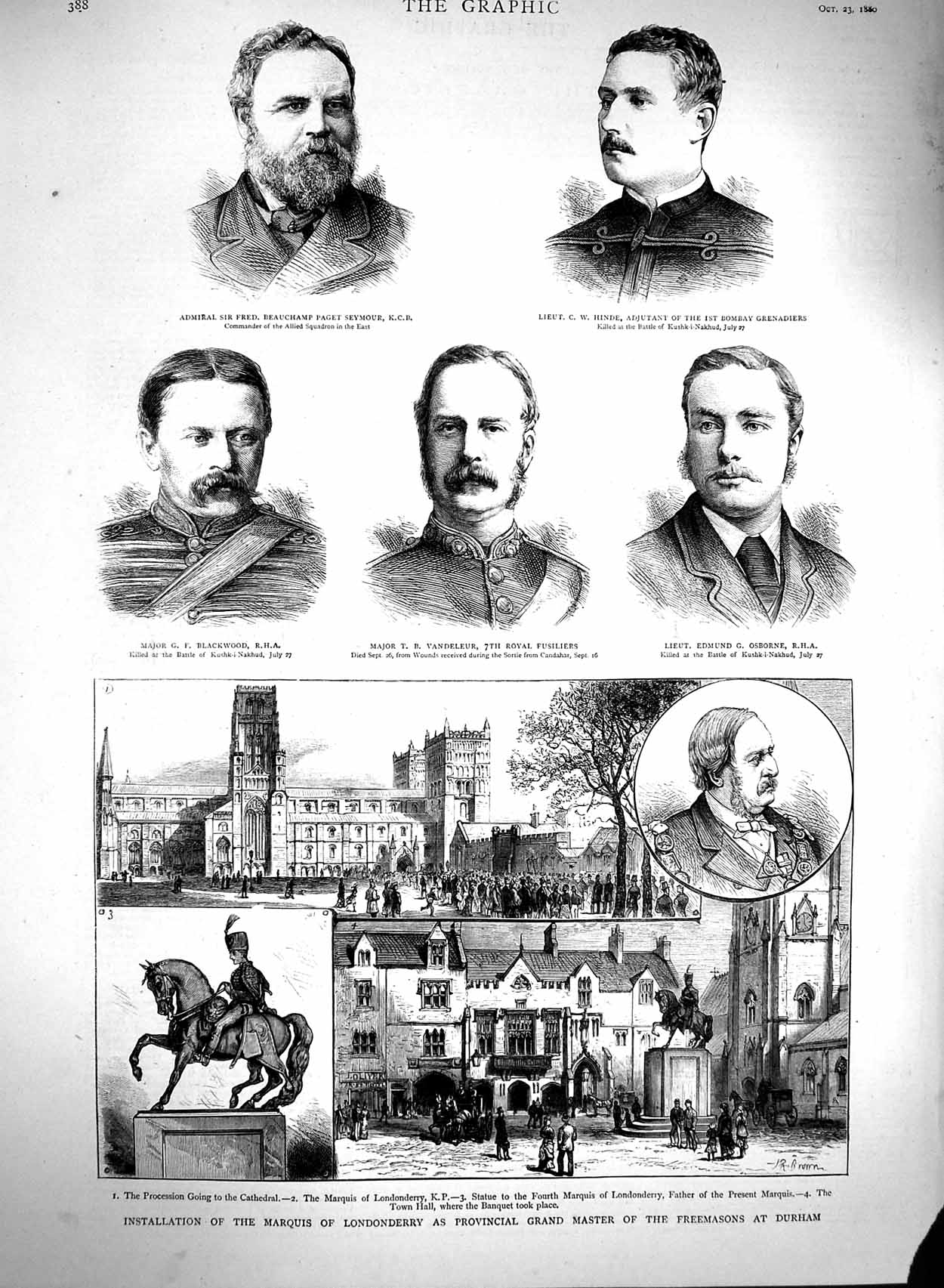 Old Antique Print 1880 Marquis Londonderry Freemasons Durham War Osborne 19th