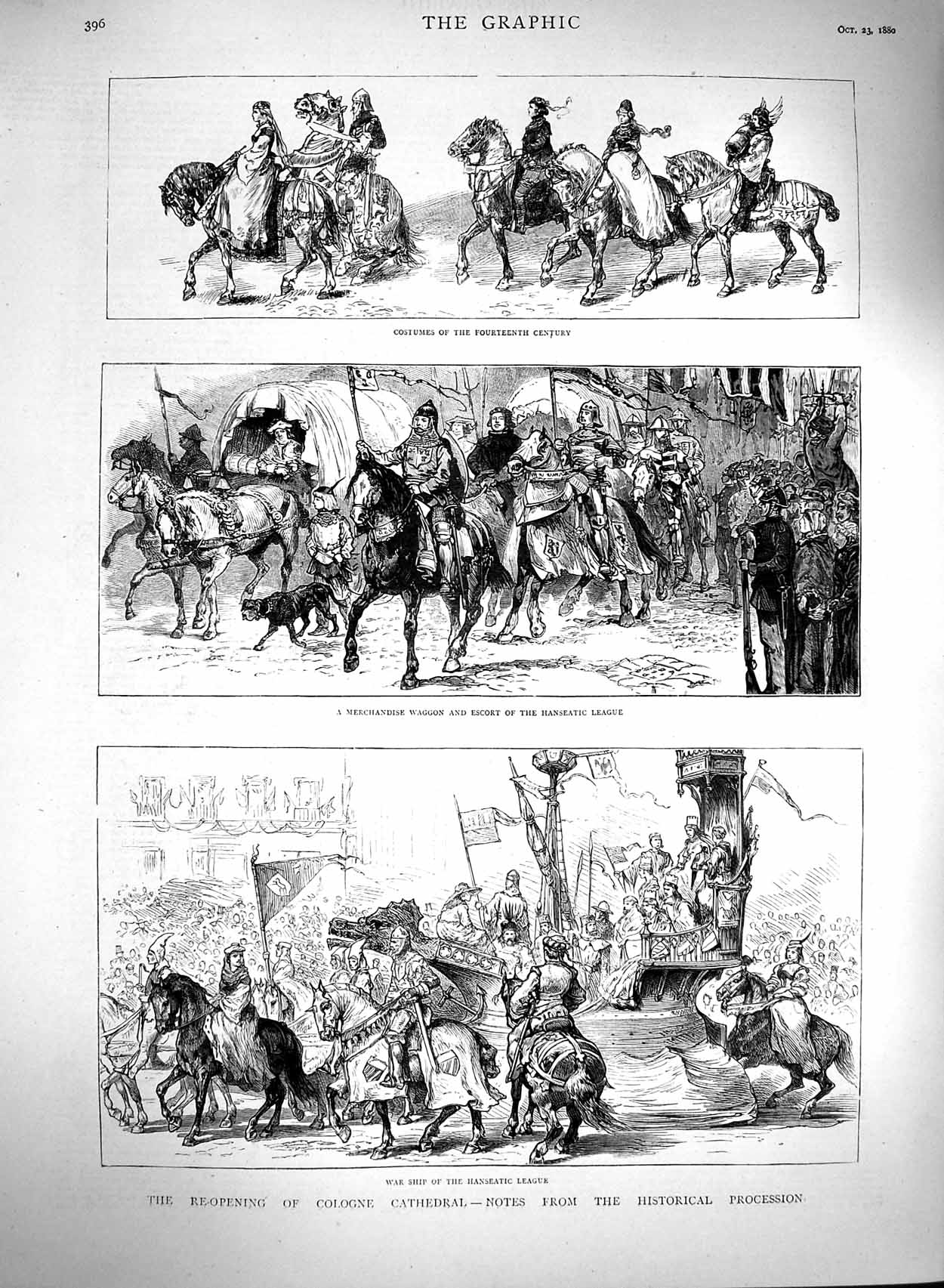 Old Antique Print 1880 Cologne Cathedral Historical Procession Hanseatic 19th