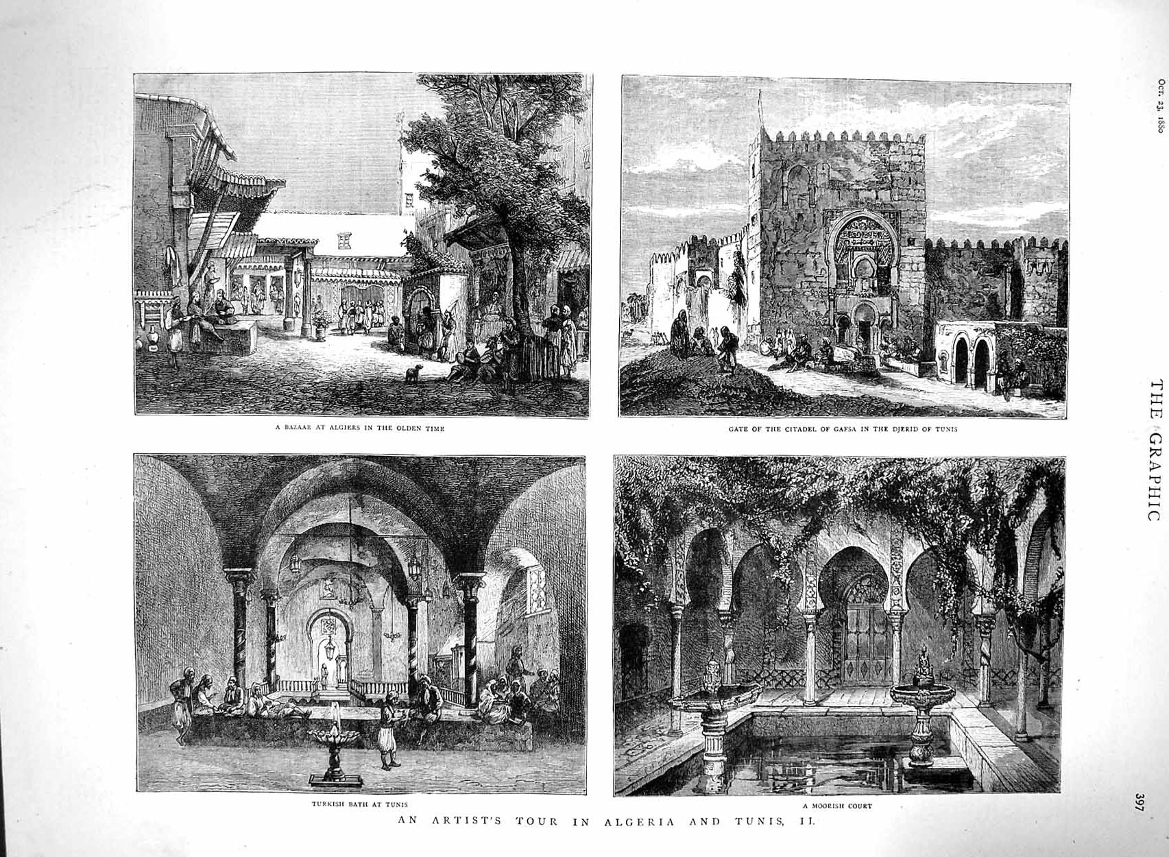 Original Old Antique Print 1880 Algeria Tunis Bazaar Gate Citadel Djerid Bath