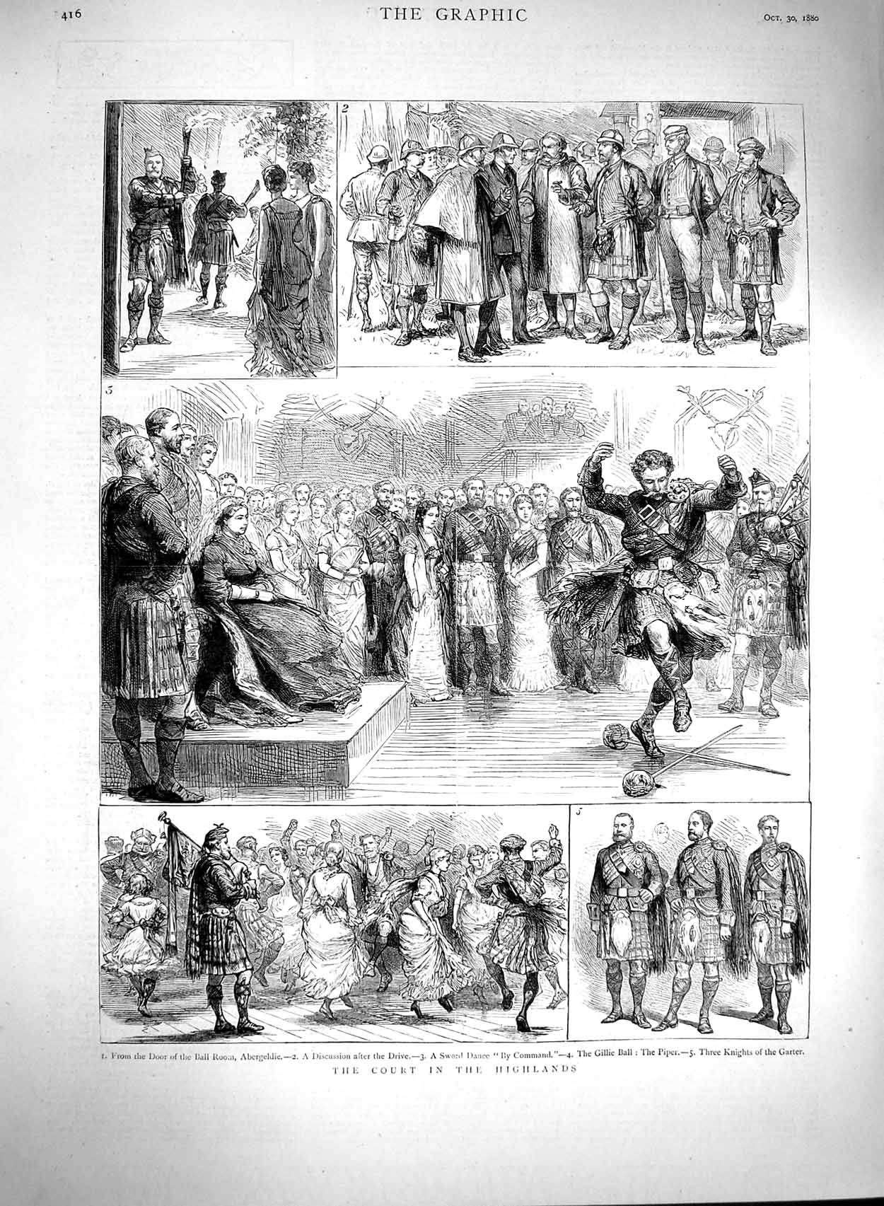 Original Old Antique Print 1880 Court Highlands Scotland Abergeldie Gill 19th