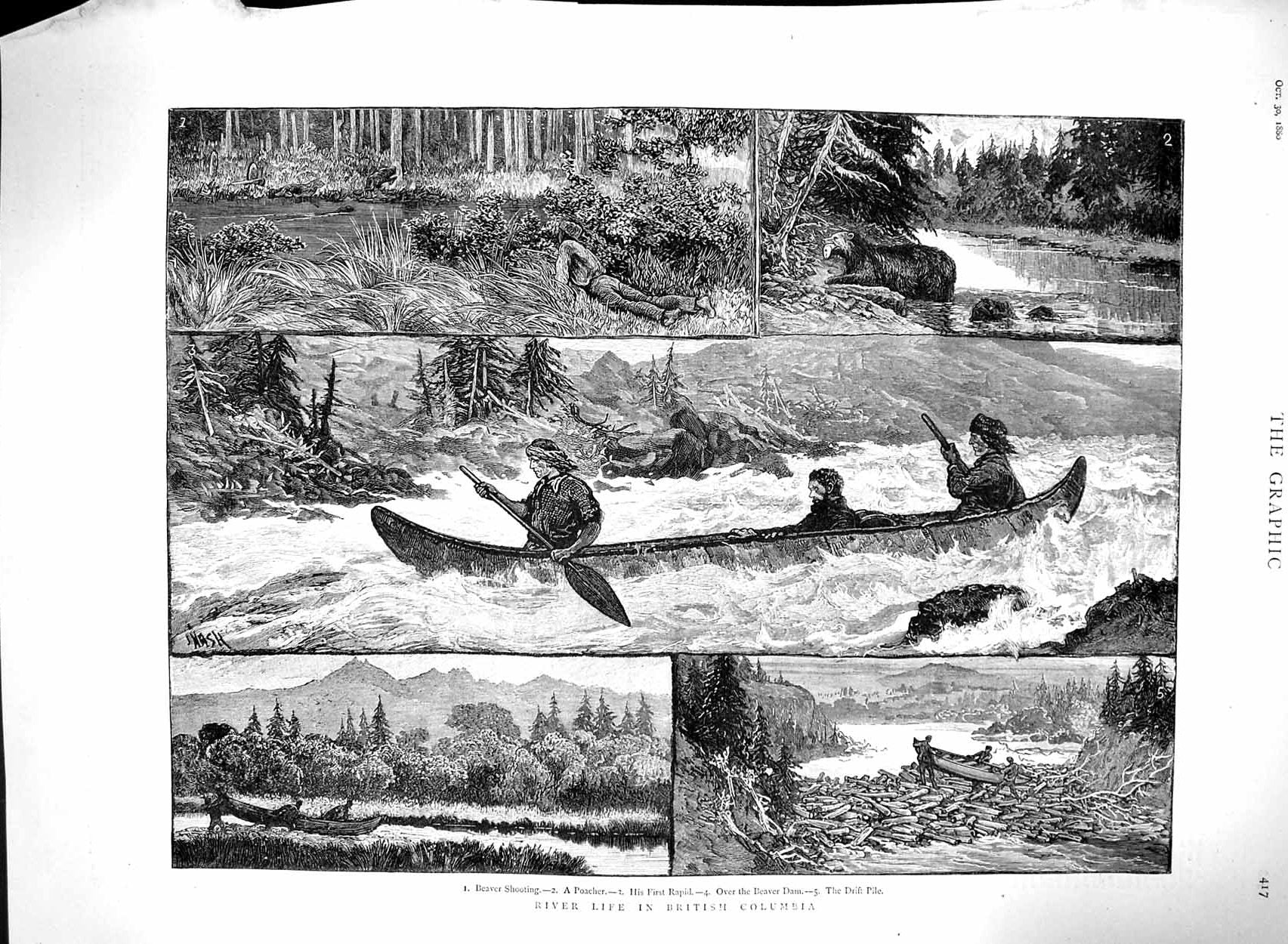 Old Antique Print 1880 River Boats British Columbia Beaver Shooting Hunt 19th