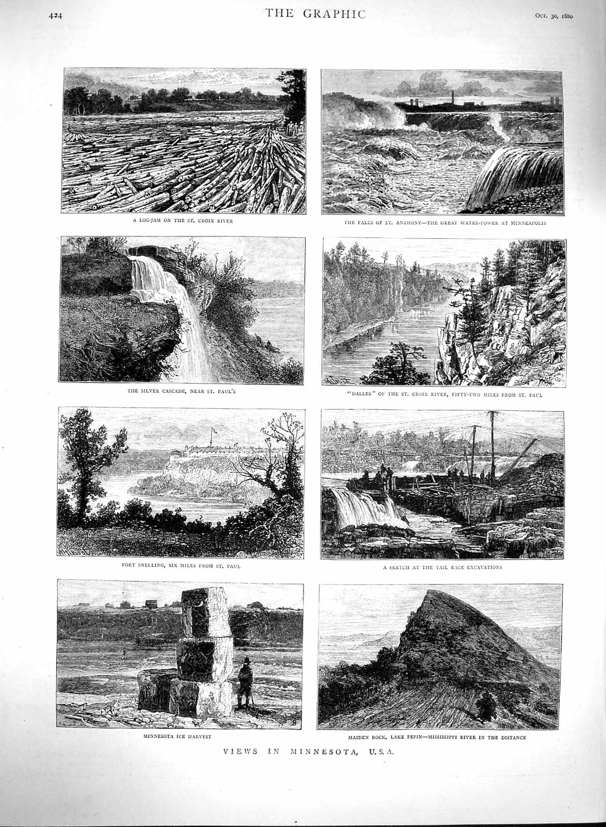 Old Antique Print 1880 Minnesota America Lake Pepin Croix Minnesota Fort 19th
