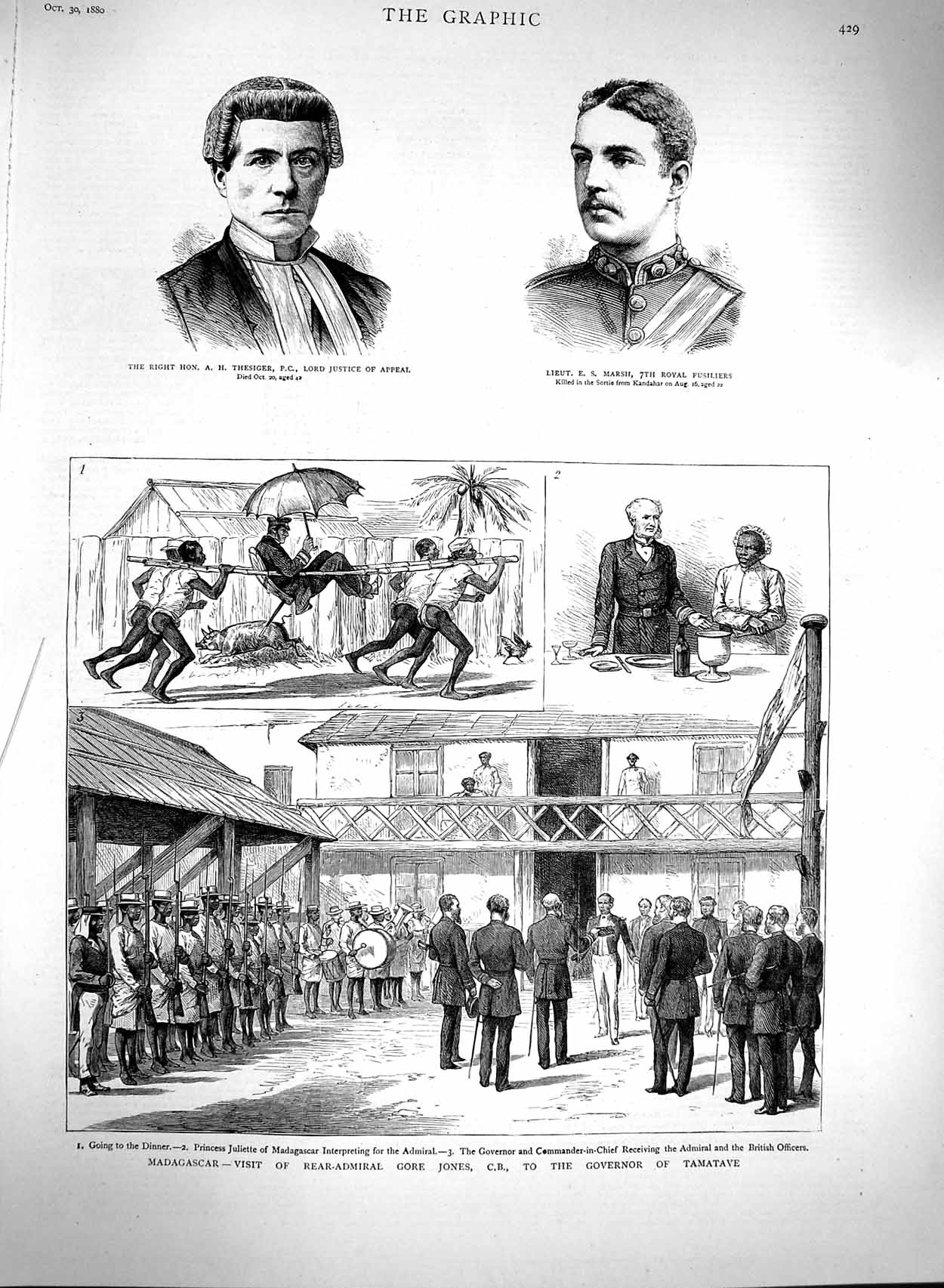 Original Old Antique Print 1880 Madagascar Gore Jones Tamatave Thesiger Marsh