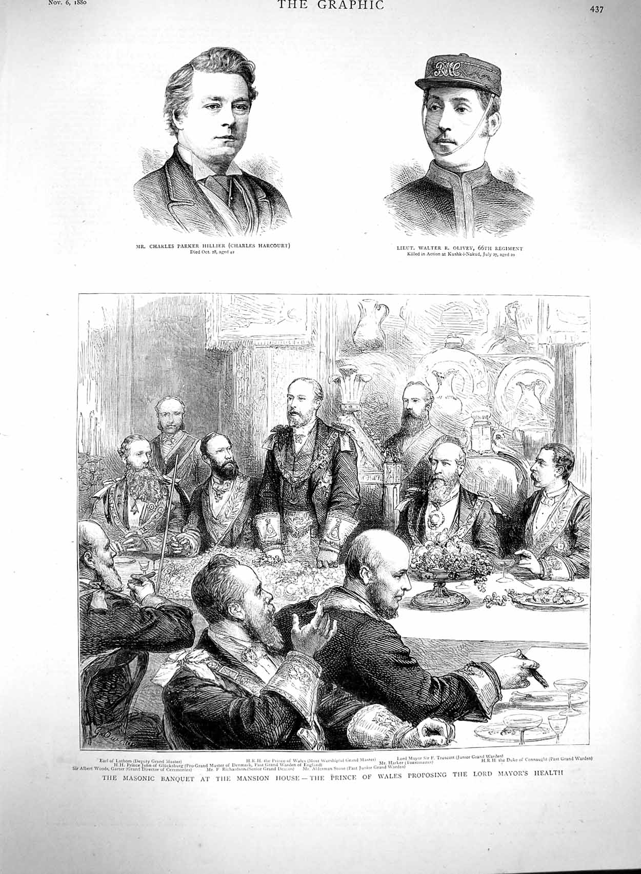 Original Old Antique Print 1880 Masons Banquet Mansion House Hillier Olivey War