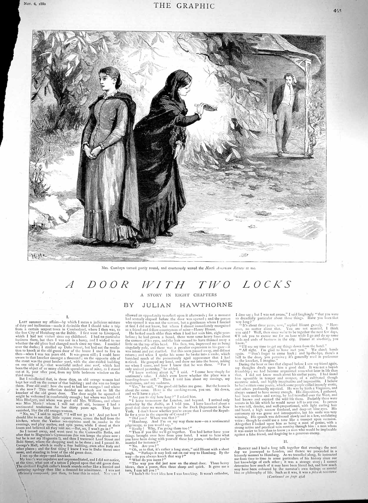 Original Old Antique Print 1880 Illustration Story Door Locks Julian Hawthorne