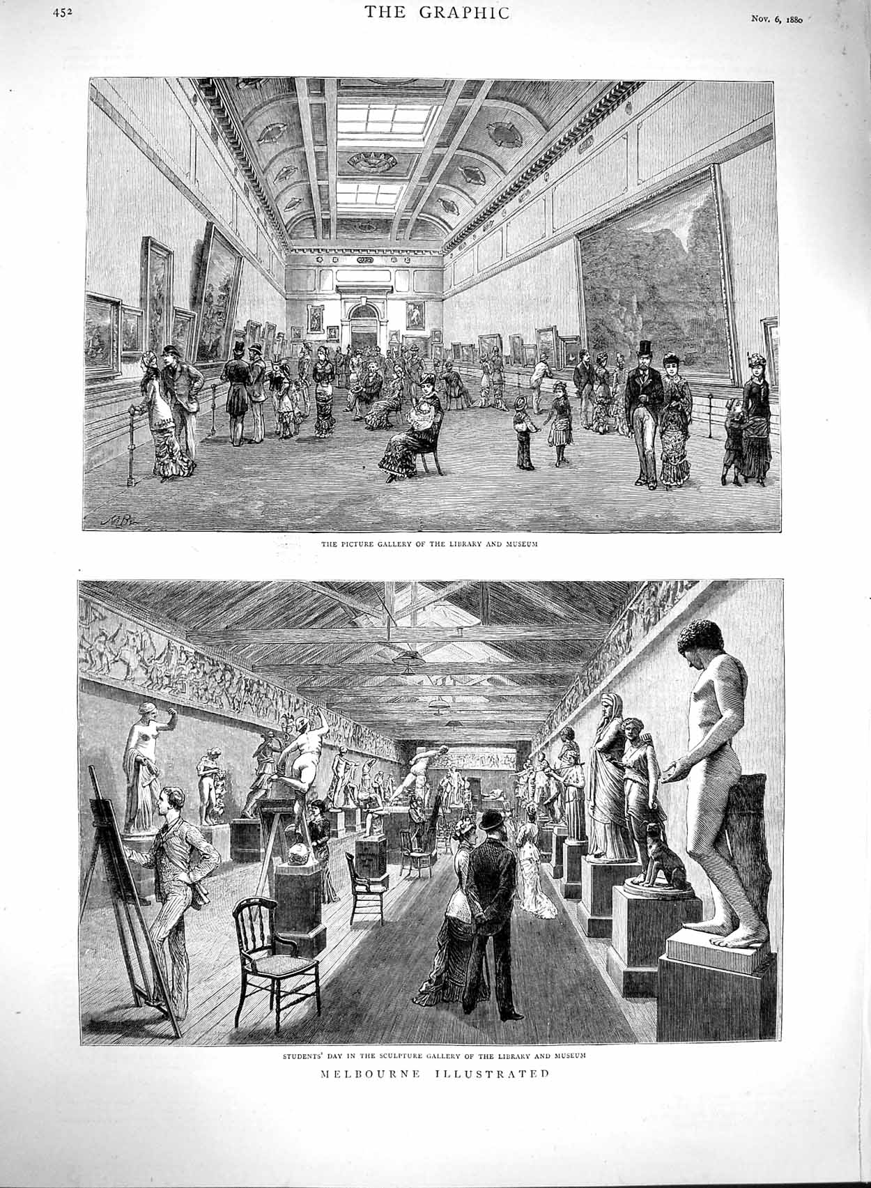 Original Old Antique Print 1880 Melbourne Australia Sculpture Gallery Victorian