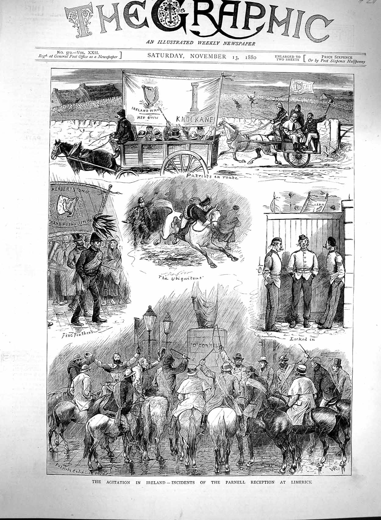 Old Antique Print 1880 Agitation Ireland Parnell Limerick O'Connel Statue 19th