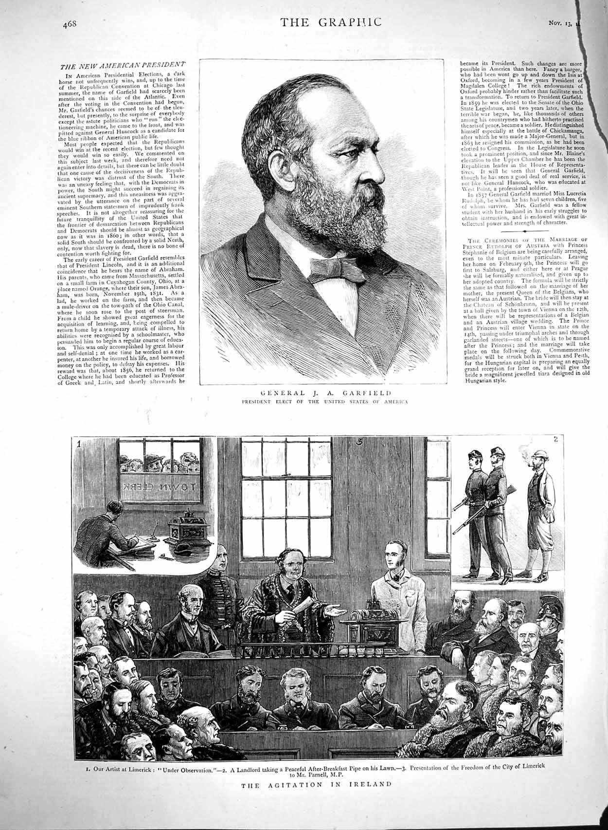 Original Old Antique Print 1880 General Garfield Agitation Ireland Limeric 19th