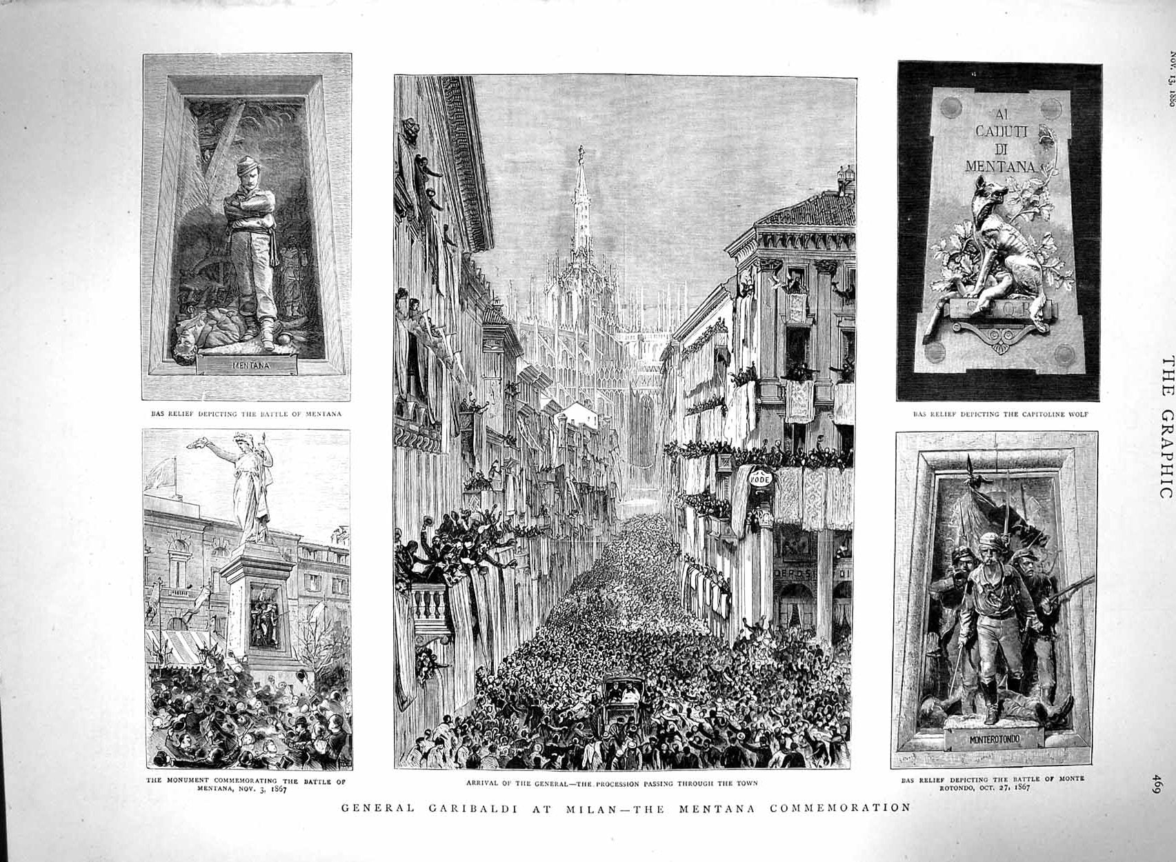 Old Antique Print 1880 General Garibaldi Milan Mentana Commemoration Bas 19th