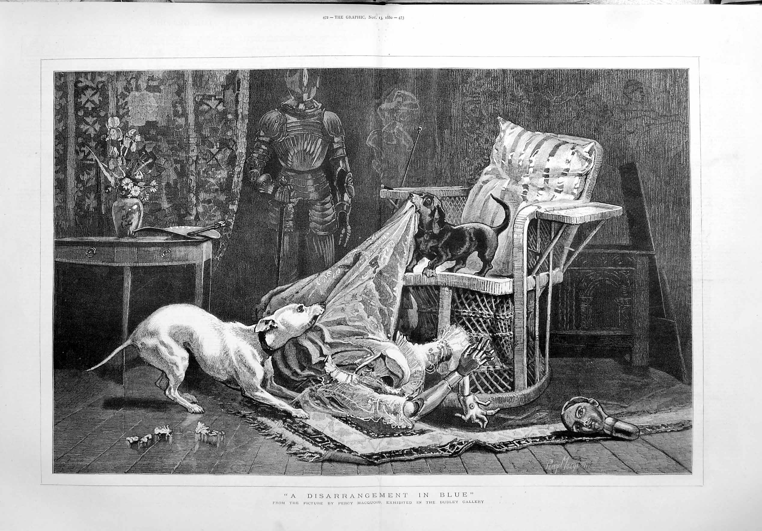 Original Old Antique Print 1880 Percy Macquoid Dudley Art Puppy Dogs Fight 19th