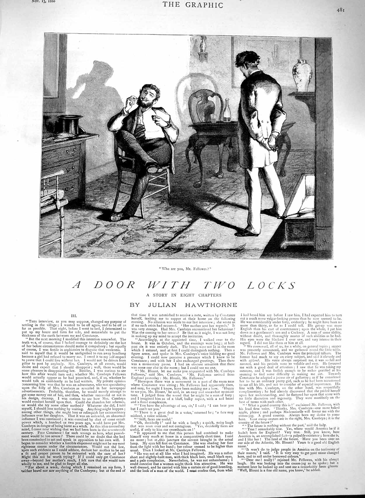 Antique Old Print Ref.299 1880 Illustration Story Door Locks Julian Hawthorne