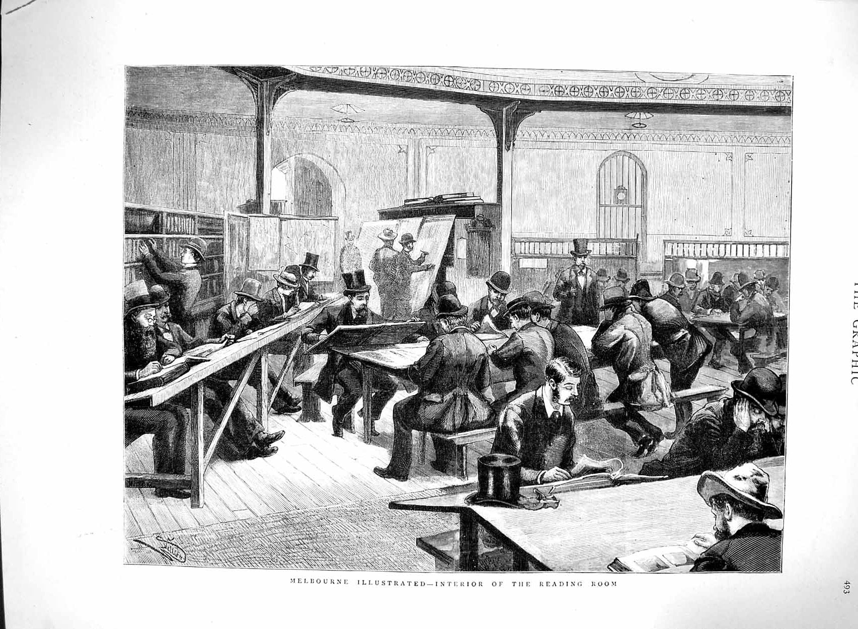 Original Old Antique Print 1880 Melbourne Australia Reading Room Men Fine Art