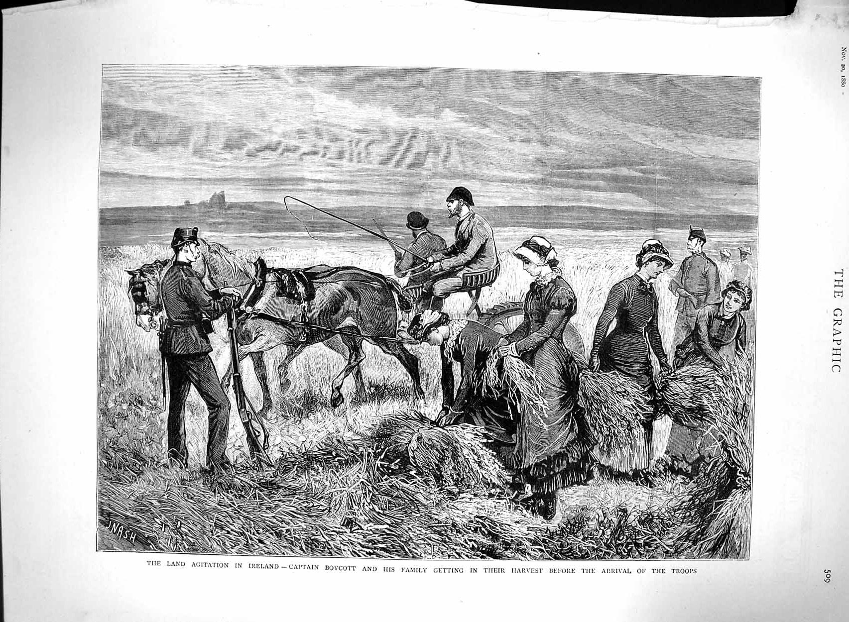 Original Old Antique Print 1880 Land Agitation Ireland Captain Boycott Harvest