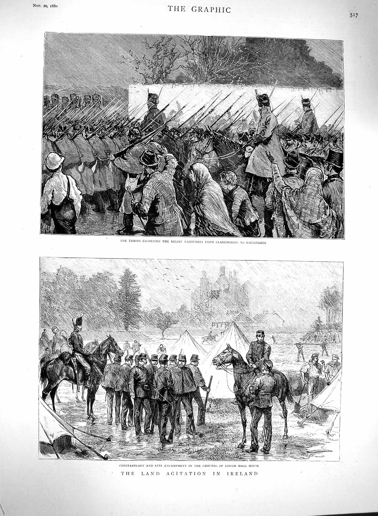 Original Old Antique Print 1880 Land Agitation Ireland Ballinrobe Lou Victorian